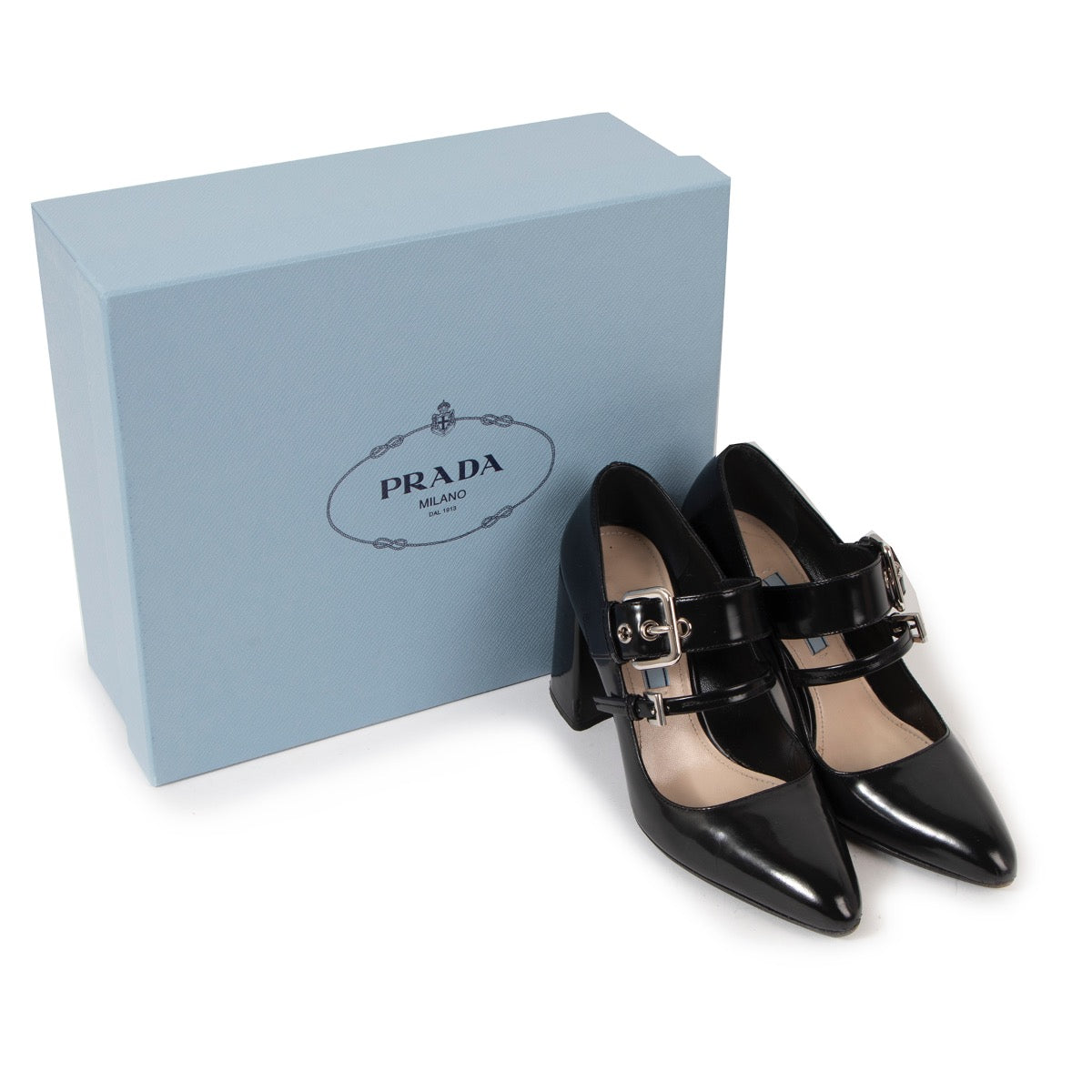 Buy an authentic second hand Prada Black Leather Mary Jane Double Belt Buckle Heels - Size 36 in very good condition at Labellov