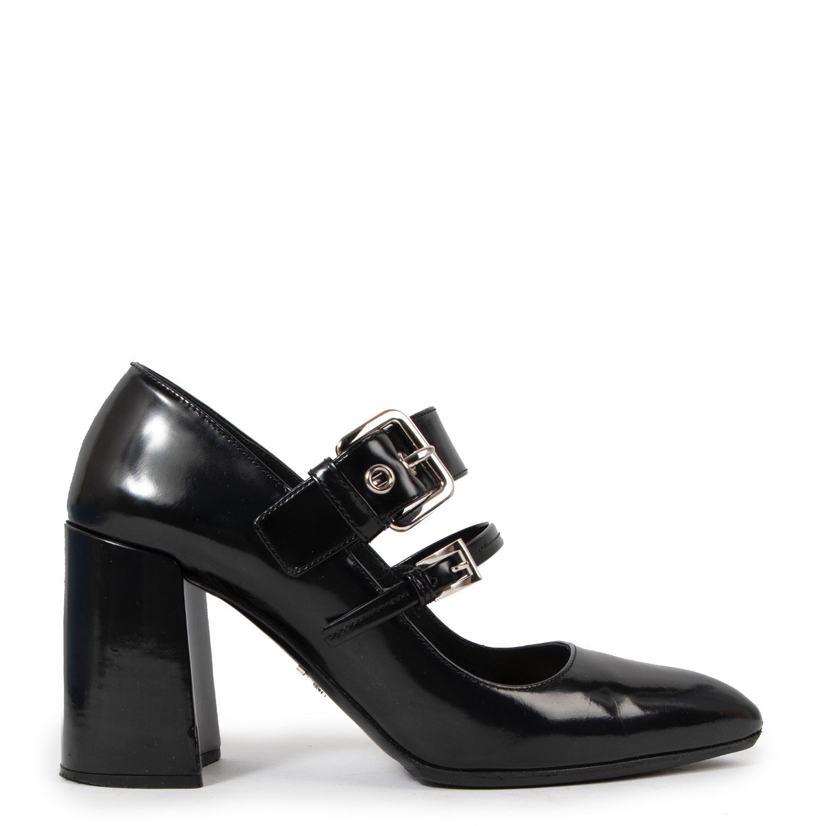Buy an authentic second hand Prada Black Leather Mary Jane Double Belt Buckle Heels - Size 36 in very good condition at Labellov