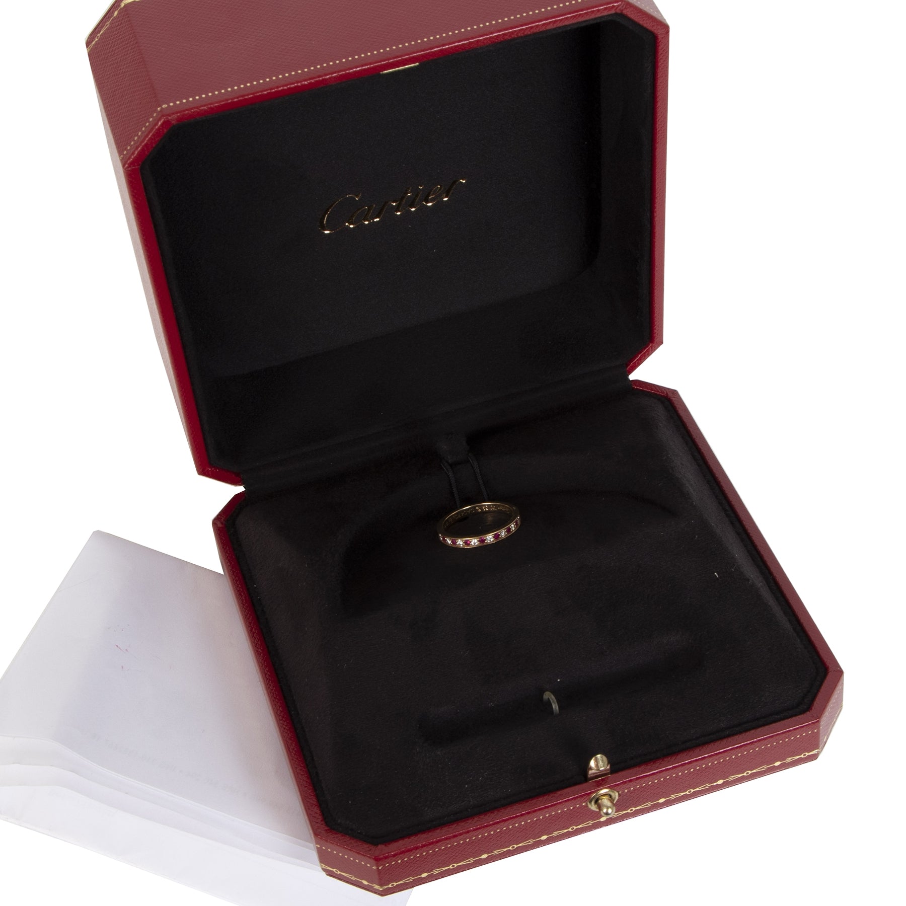 Authentic secondhand Cartier Gold Half Eternity Diamond Ruby 18 Karat Ring designer accessories jewelry designer brands fashion luxury vintage webshop safe secure online shopping worldwide shipping delivery