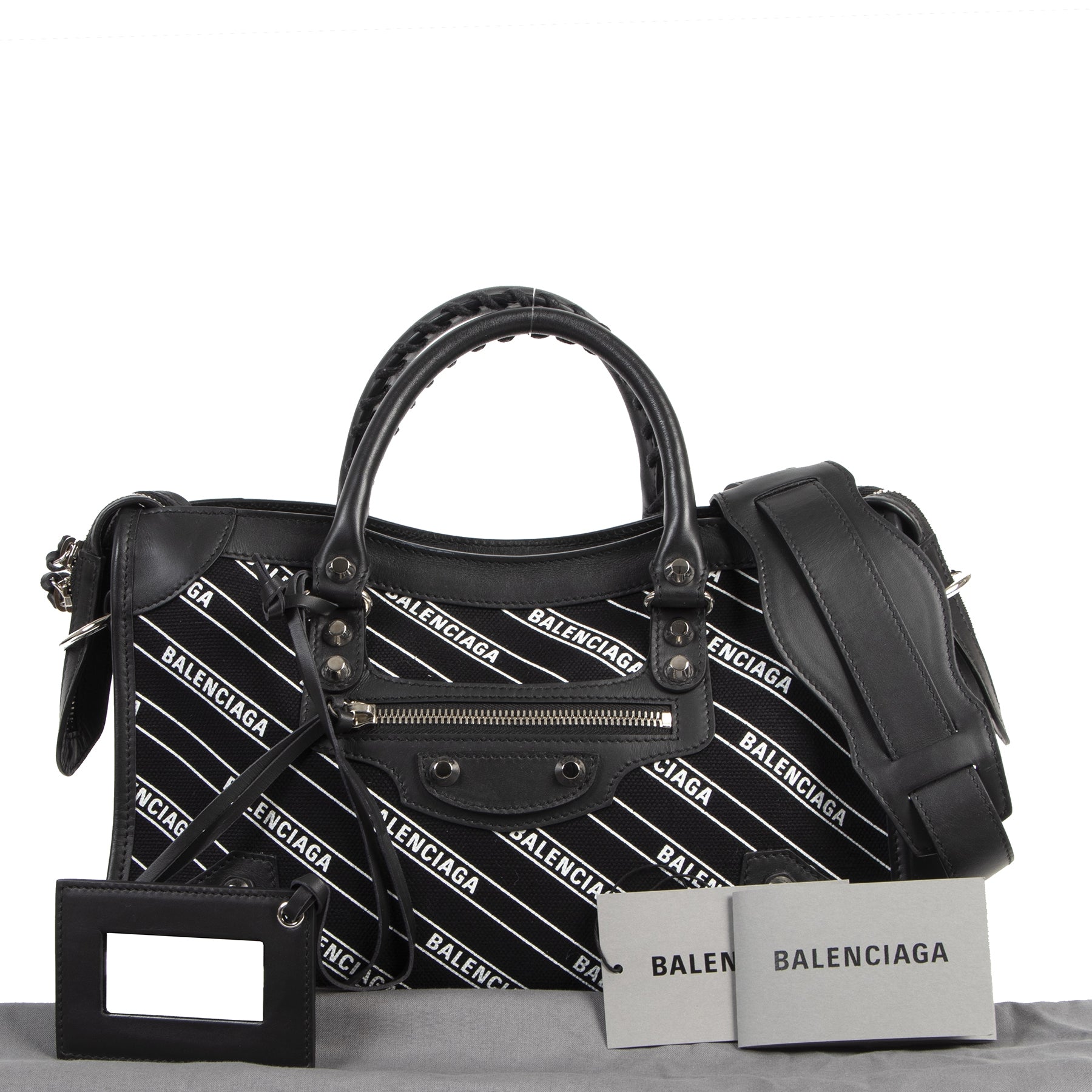 Balenciaga City S Black Leather And Logo Fabric Bag
