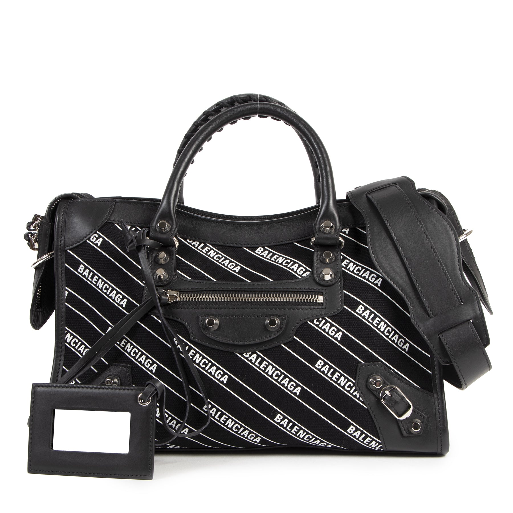 Balenciaga City S Black Leather And Logo Fabric Bag for the best price at Labellov secondhand