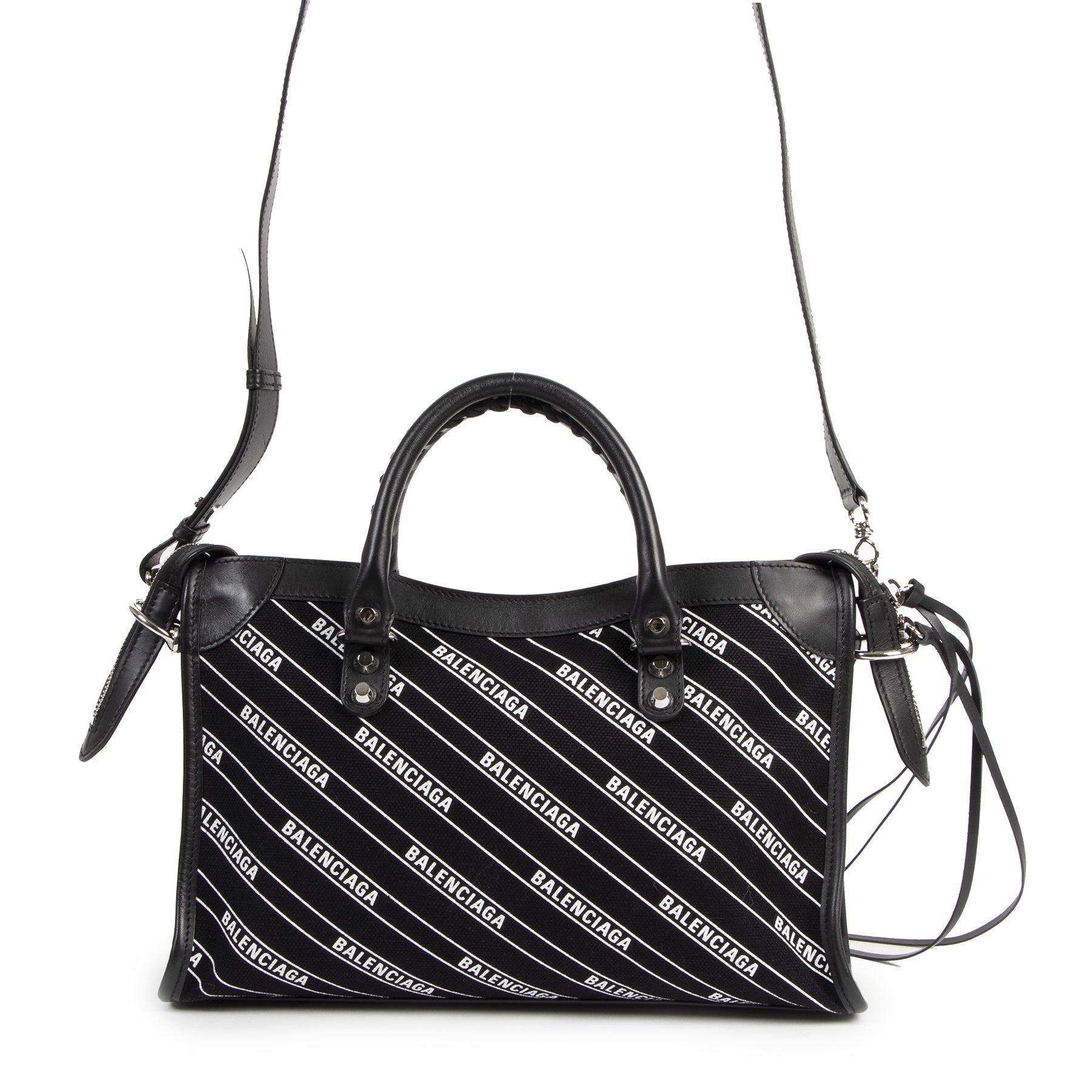 Koop en verkoop uw authentieke designer Balenciaga City S Black Leather And Logo Fabric Bag