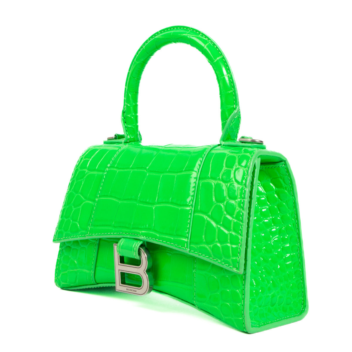 Balenciaga Neon Green Crocodile-Embossed Hourglass XS Shoulder Bag