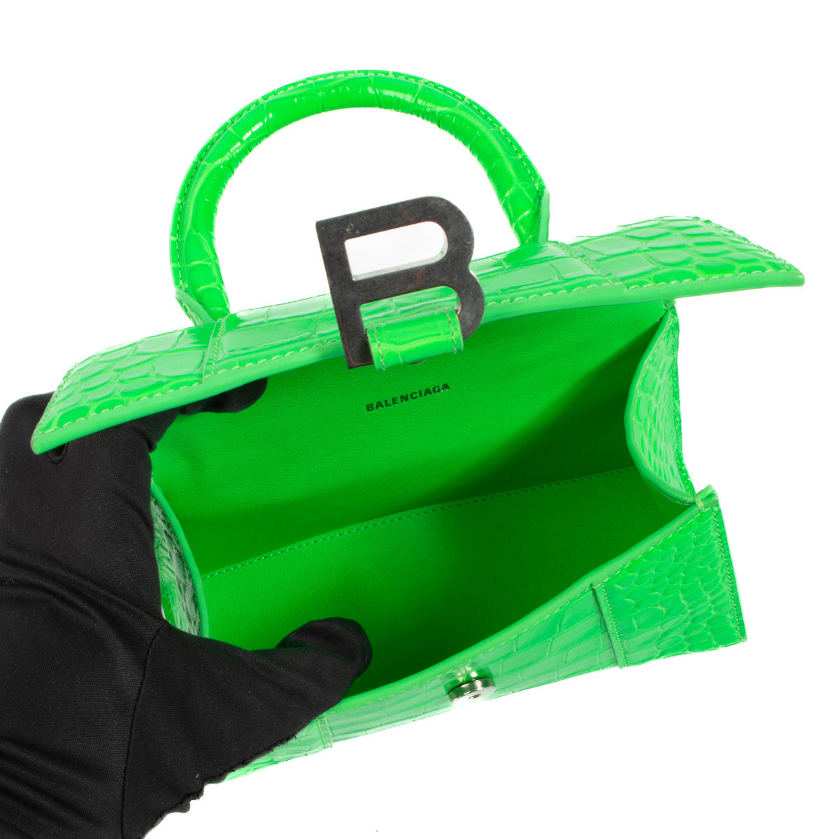 Balenciaga Neon Green Crocodile-Embossed Hourglass XS Shoulder Bag