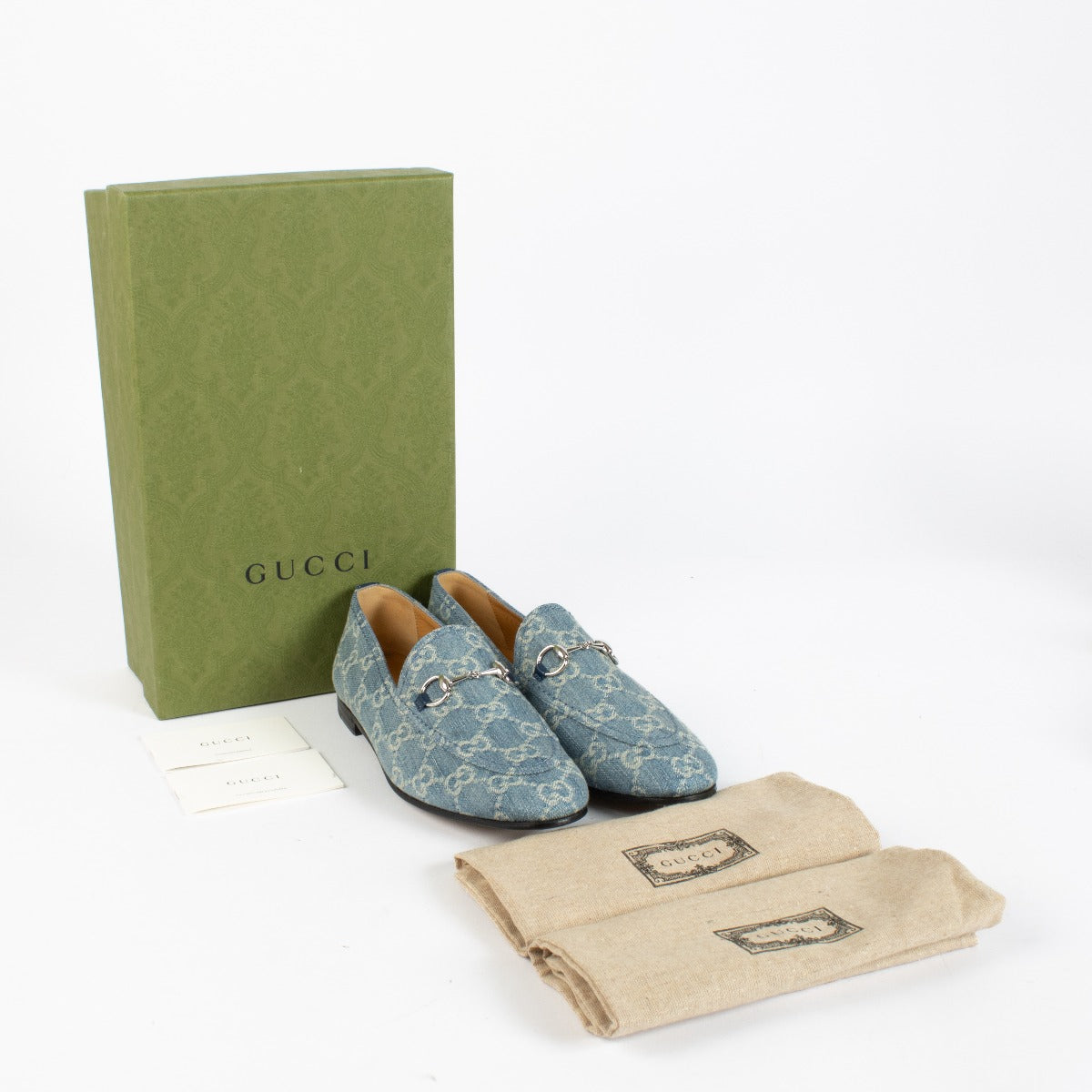Authentic pre-loved Gucci New Jordaan GG Denim Loafers — Size 37.5 on Labellov.com