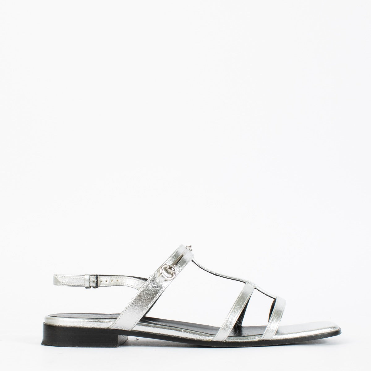 Authentic pre-loved Gucci Silver Slim Horsebit Flat Sandals — Size 37.5 on Labellov.com