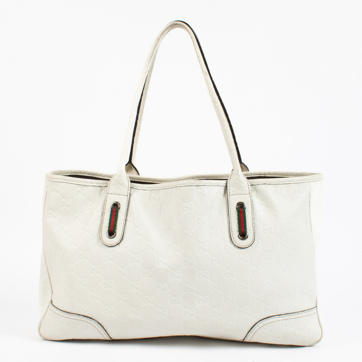 Gucci White GG Monogram Embossed Leather Tote Bag aan de beste prijs bij Labellov tweedehands luxe in Antwerpen en Knokke