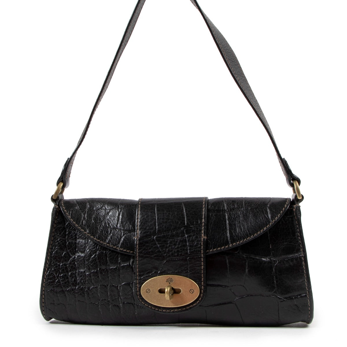Mulberry Black Crocodile Embossed Leather Baguette Bag