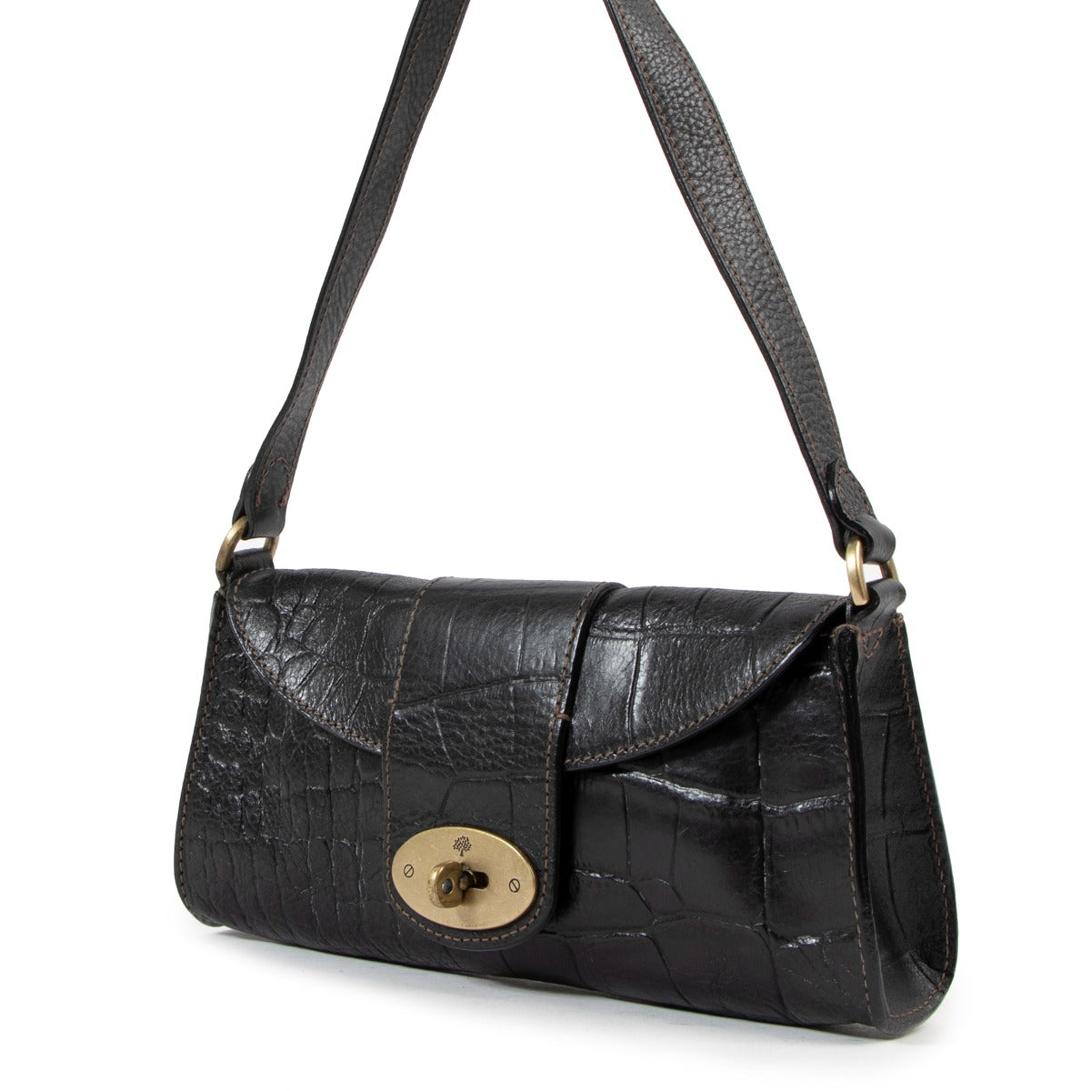 Mulberry Black Crocodile Embossed Leather Baguette Bag