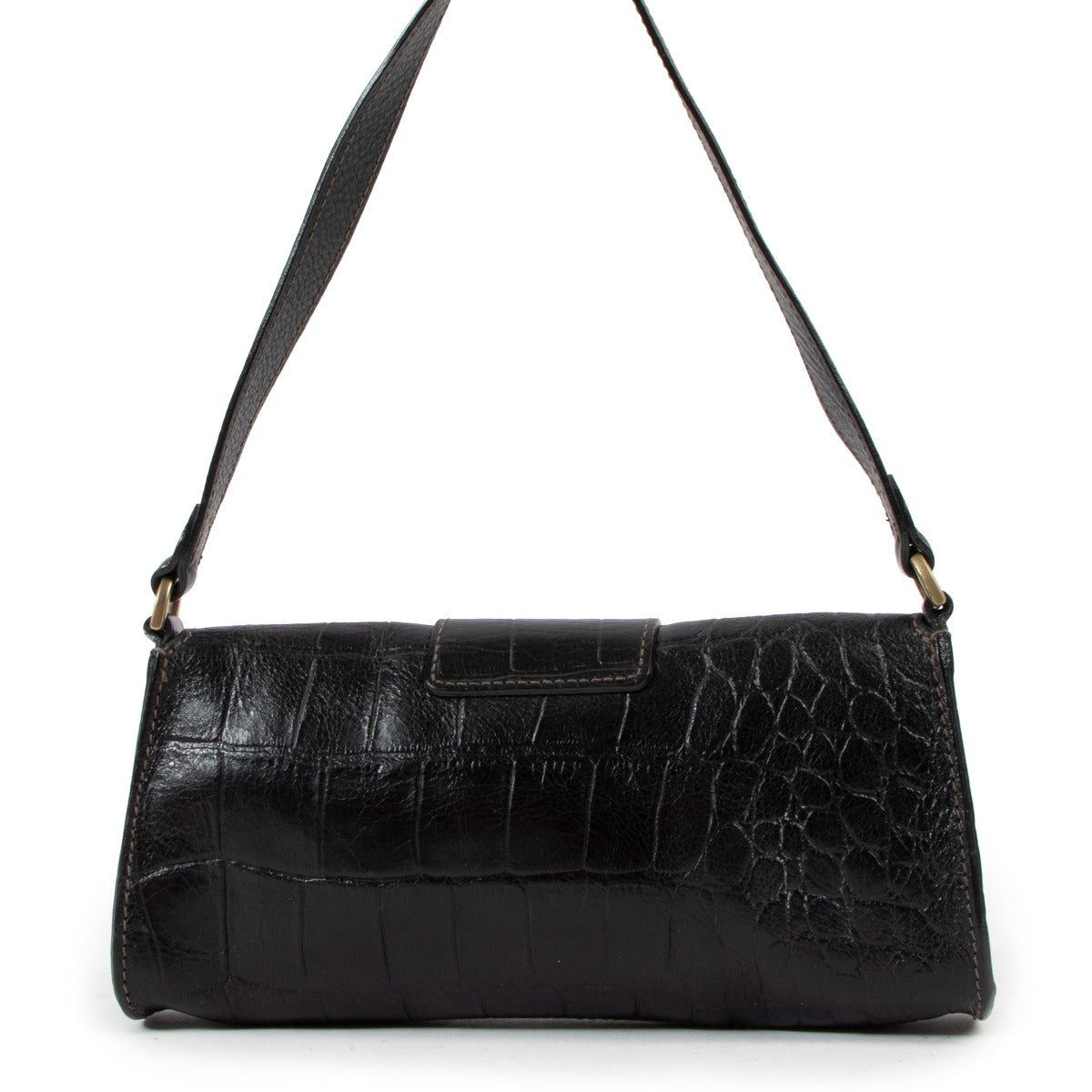 Sac Baguette en Cuir Gaufré Crocodile Noir Mulberry