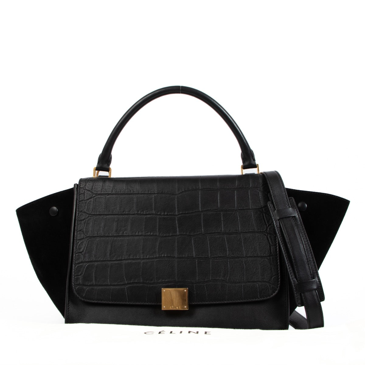 Shop safe online at Labellov in Antwerp, Brussels or Knokke this 100% authentic second hand Celine Black Crocodile-Embossed Medium Trapeze Bag