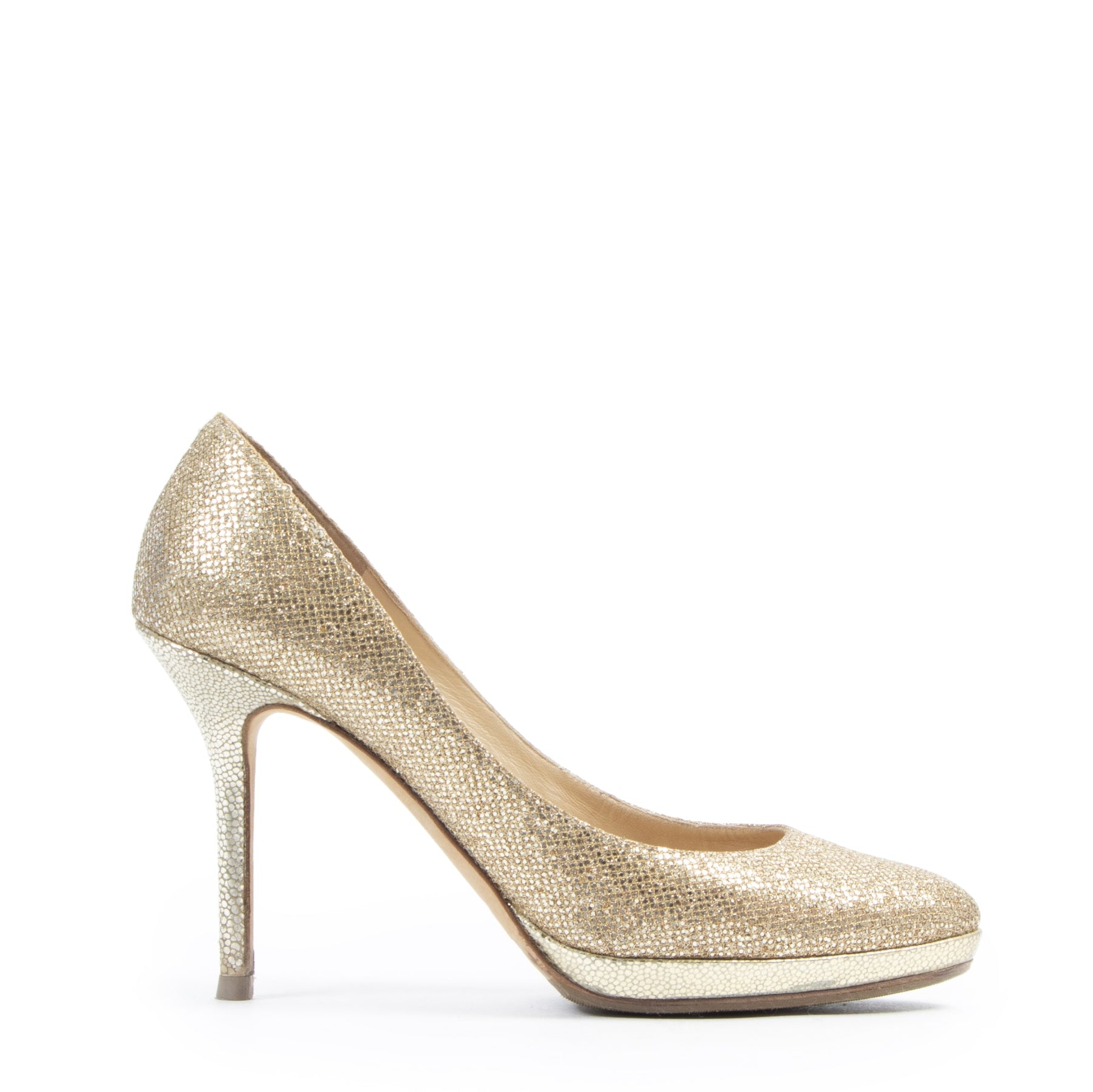 Authentieke Tweedehands Jimmy Choo Gold Glitter Pumps - Size 39 juiste prijs veilig online shoppen luxe merken webshop winkelen Antwerpen België mode fashion