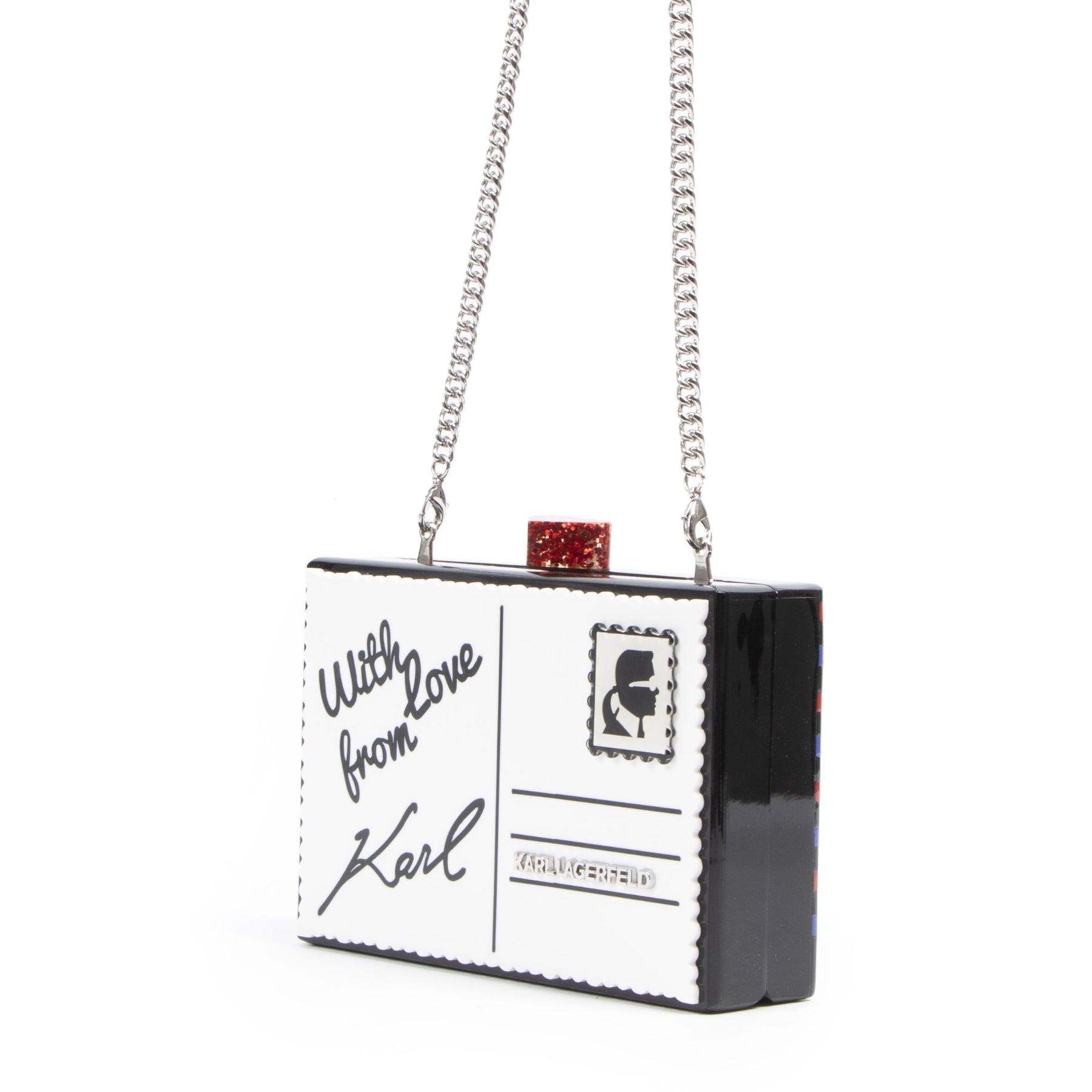 Authentieke Tweedehands Karl Lagerfeld Postcard Minaudiere Clutch juiste prijs veilig online shoppen luxe merken webshop winkelen Antwerpen België mode fashion