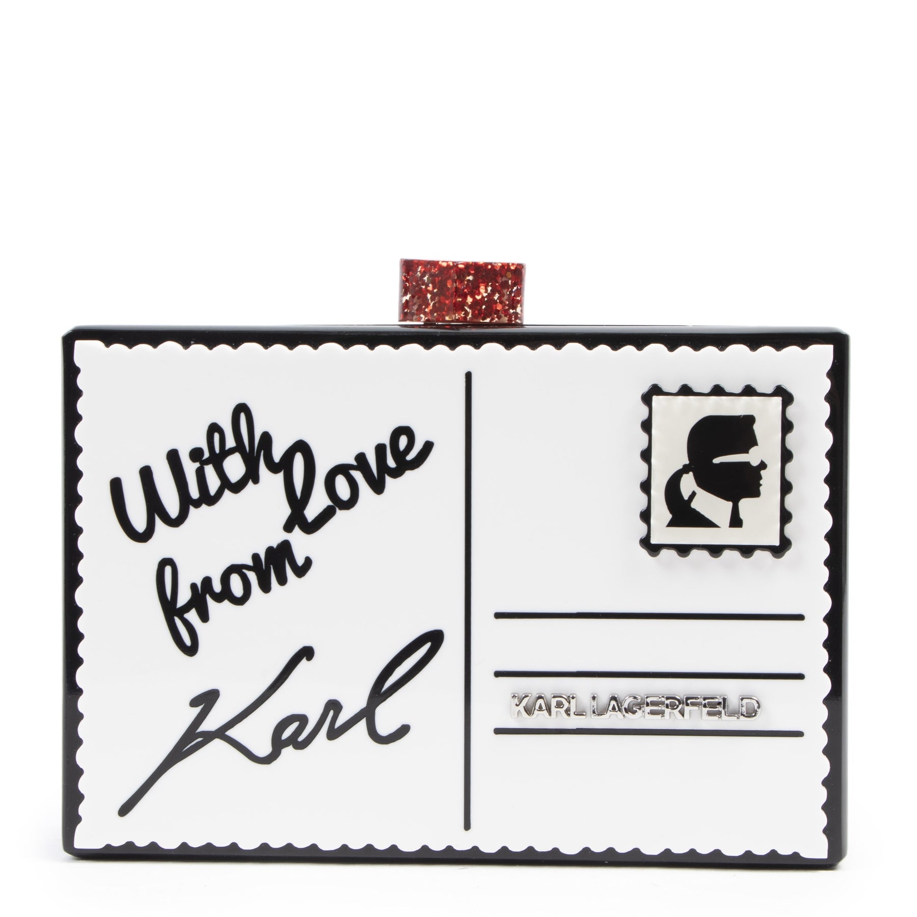 Authentic secondhand Karl Lagerfeld Postcard Minaudiere Clutch designer bags fashion luxury vintage webshop safe secure online shopping