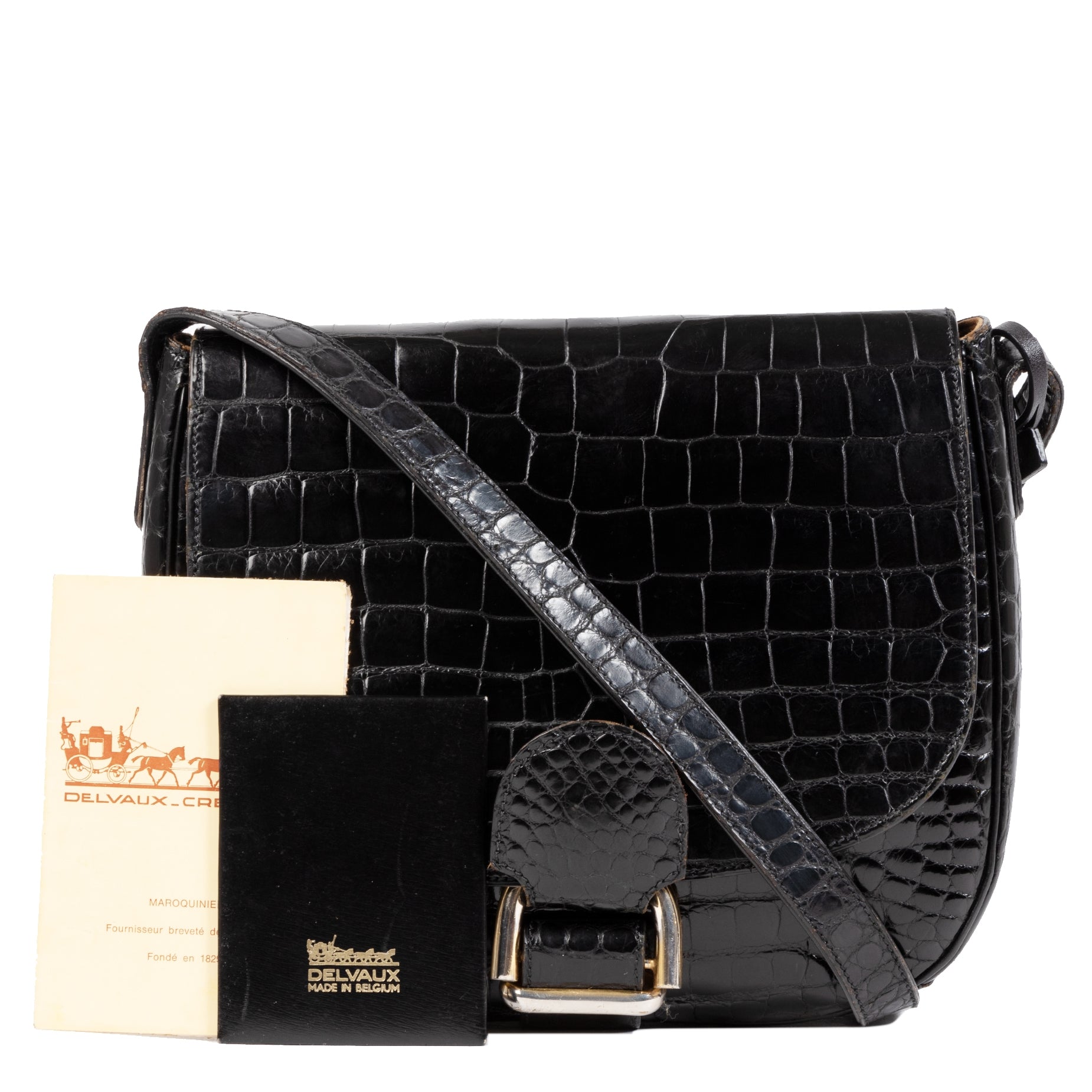 Koop uw authentieke designer Delvaux Black Cavaliere Croco Shoulder Bag