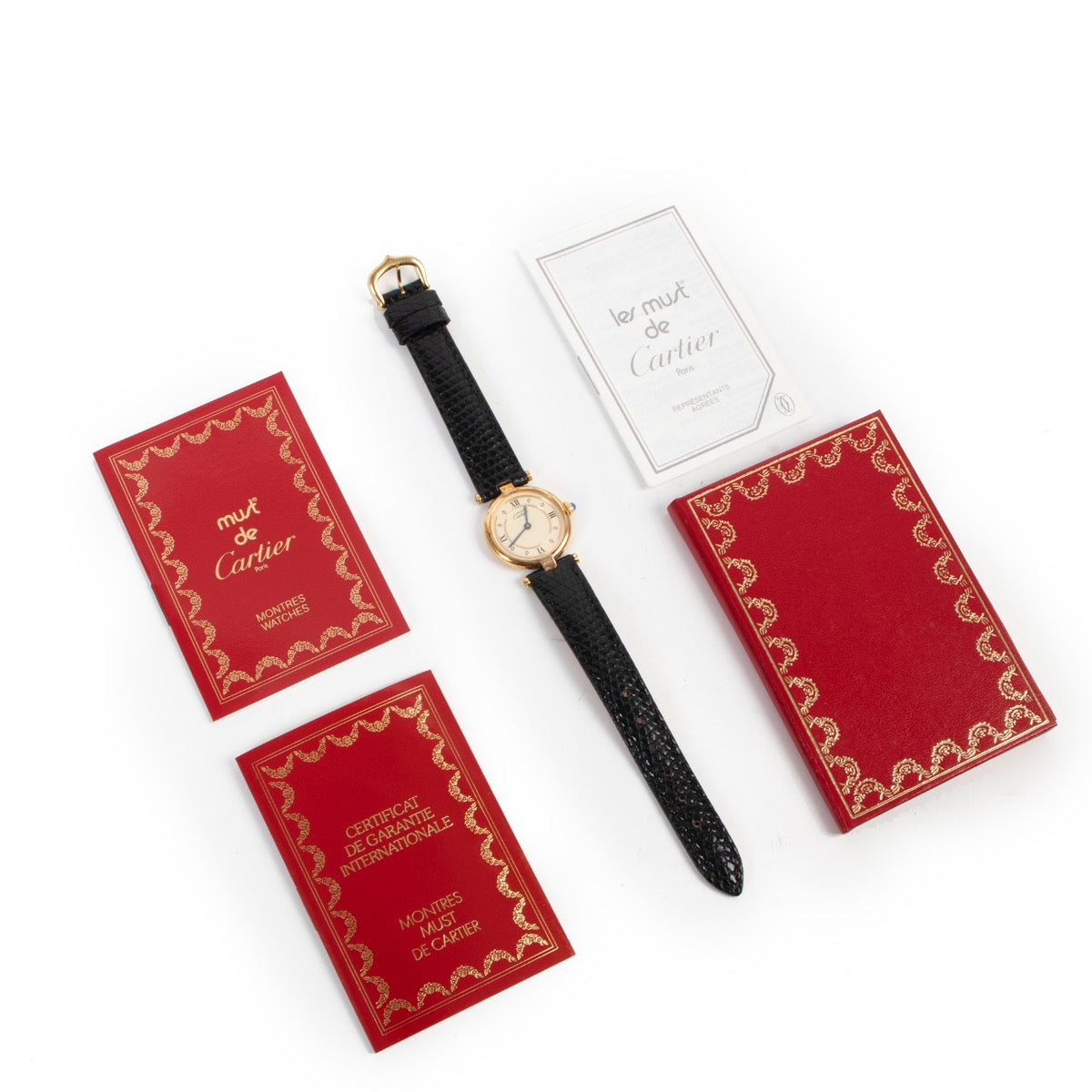 shop safe online Must de Cartier Must Vendôme Vermeil Black Lizard Watch