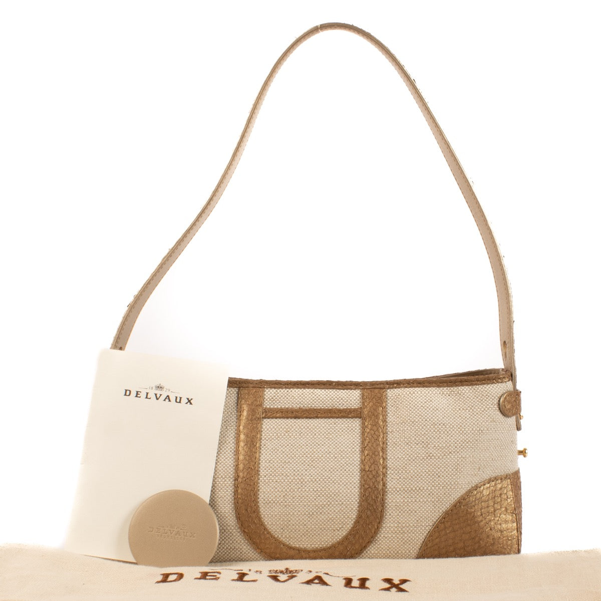 Shop safe online at Labellov in Antwerp, Brussels and Knokke this 100% authentic second hand Delvaux Champagne Poisson Tempête City PM Shoulder Bag