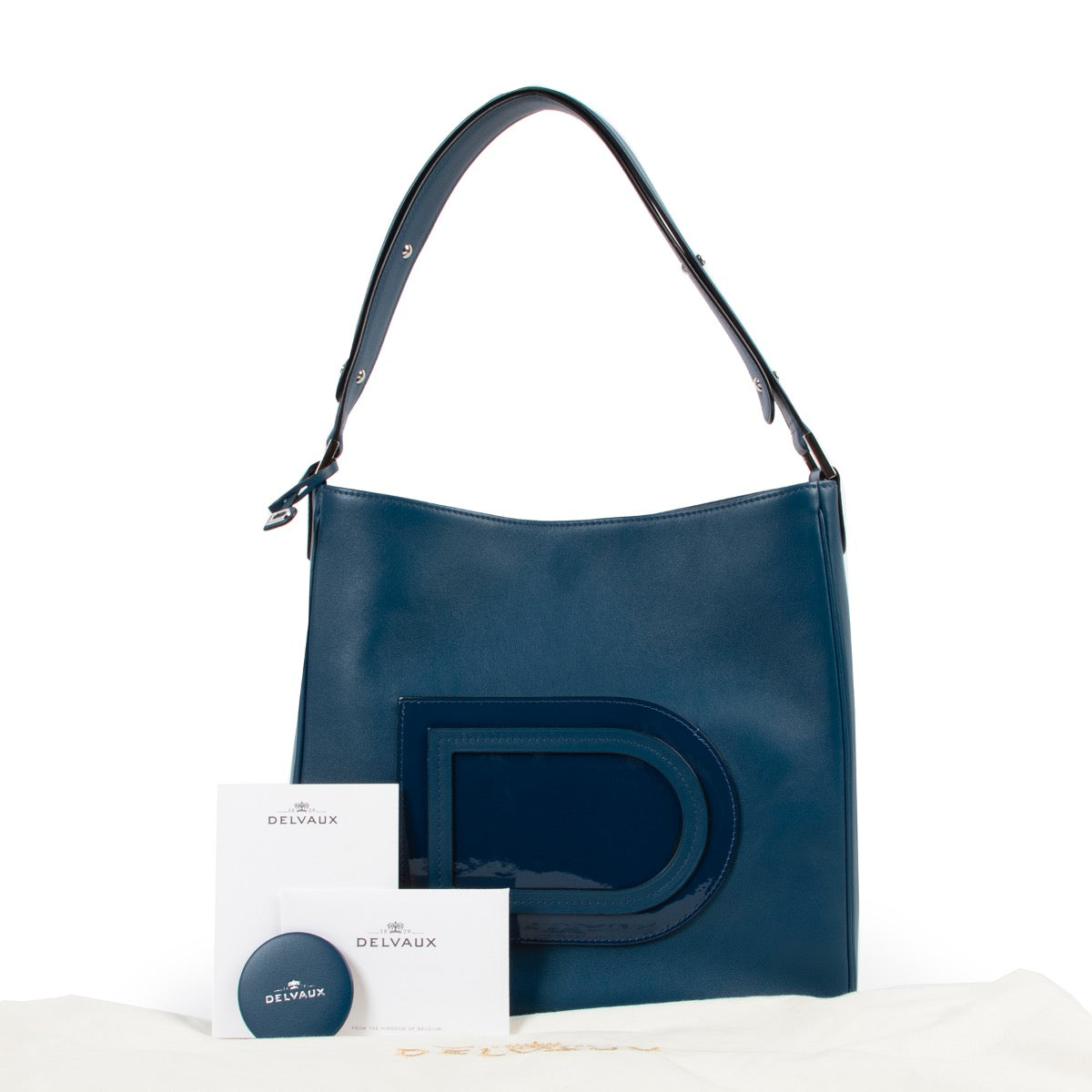 shop authentic second hand Delvaux Blue Louise Hobo MM Allure Vernis Shoulder Bag at Labellov