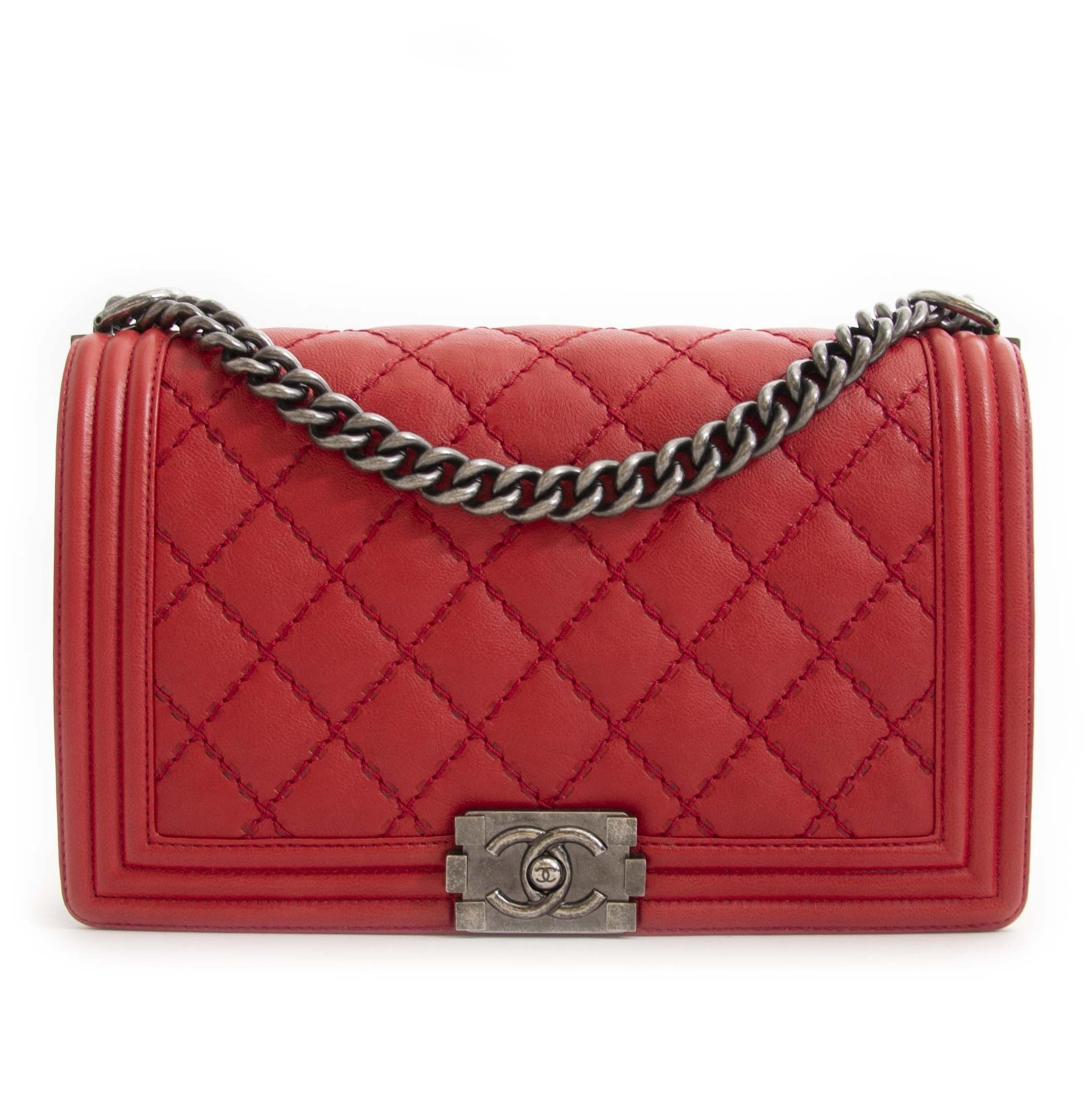 Chanel New Medium Red Stitched Boy Bag for sale online at Labellov secondhand luxury