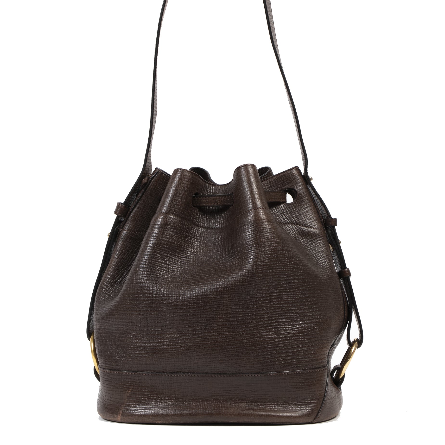 Authentieke tweedehands vintage Delvaux Brown Leather Bucket Bag koop online webshop LabelLOV
