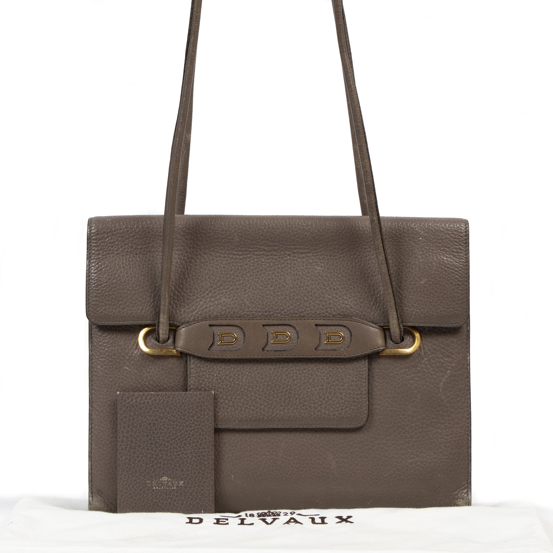 Authentieke tweedehands vintage Delvaux Taupe Leather Shoulder Bag koop online webshop LabelLOV