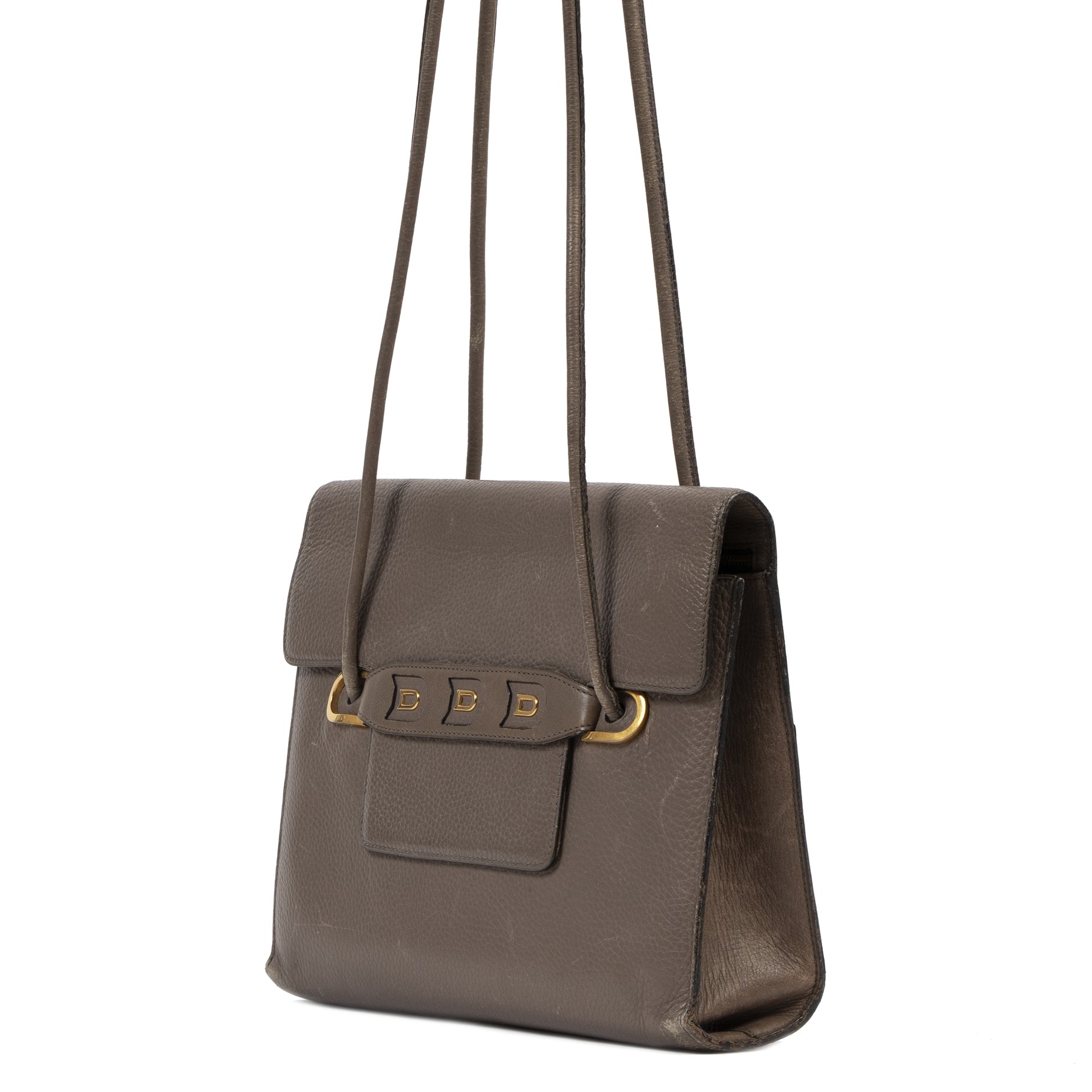 Authentieke tweedehands vintage Delvaux Taupe Leather Shoulder Bag koop online webshop LabelLOV