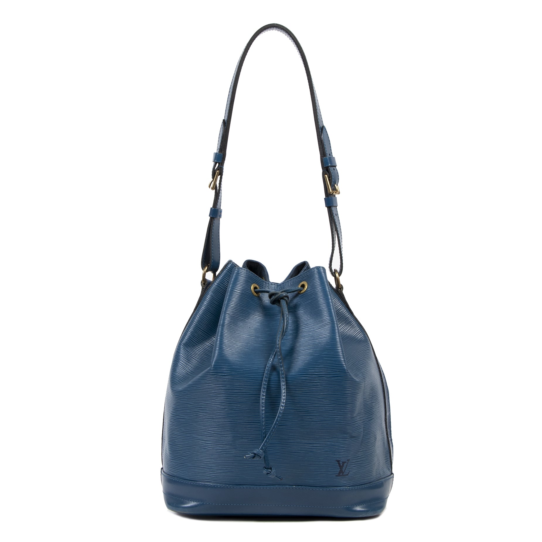Authentieke tweedehands vintage Louis Vuitton Cyan Blue Epi Leather Large Noé Bucket Bag koop online webshop LabelLOV