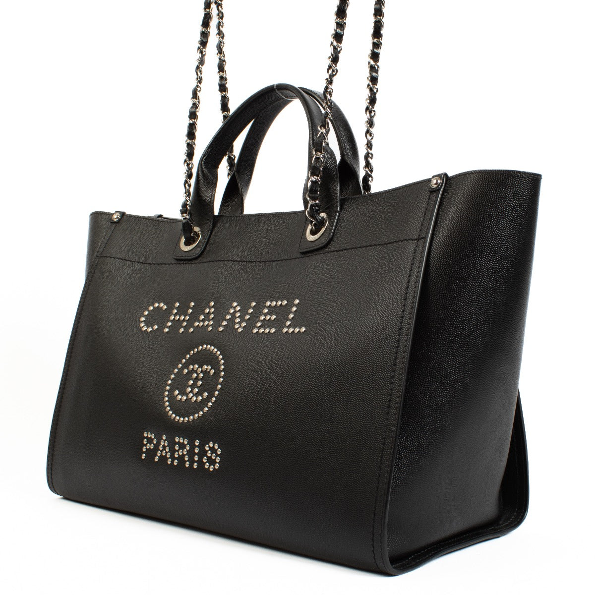shop 100% authentic second hand Chanel Deauville Studded Logo Large Shopping Bag on Labellov.com
