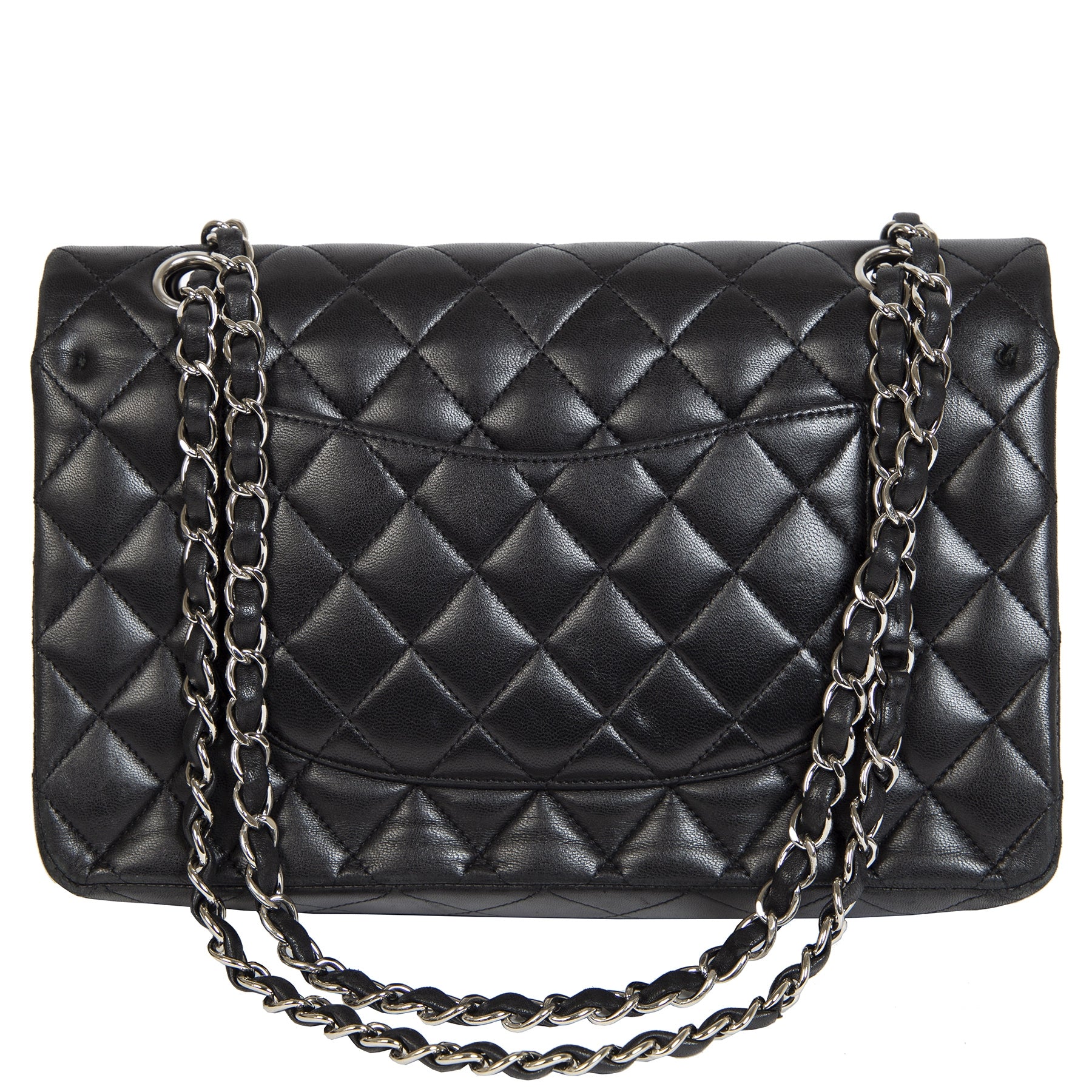 we buy and sell your authentic Chanel Medium Classic Black Quilted Double Flap Lambskin Bag
