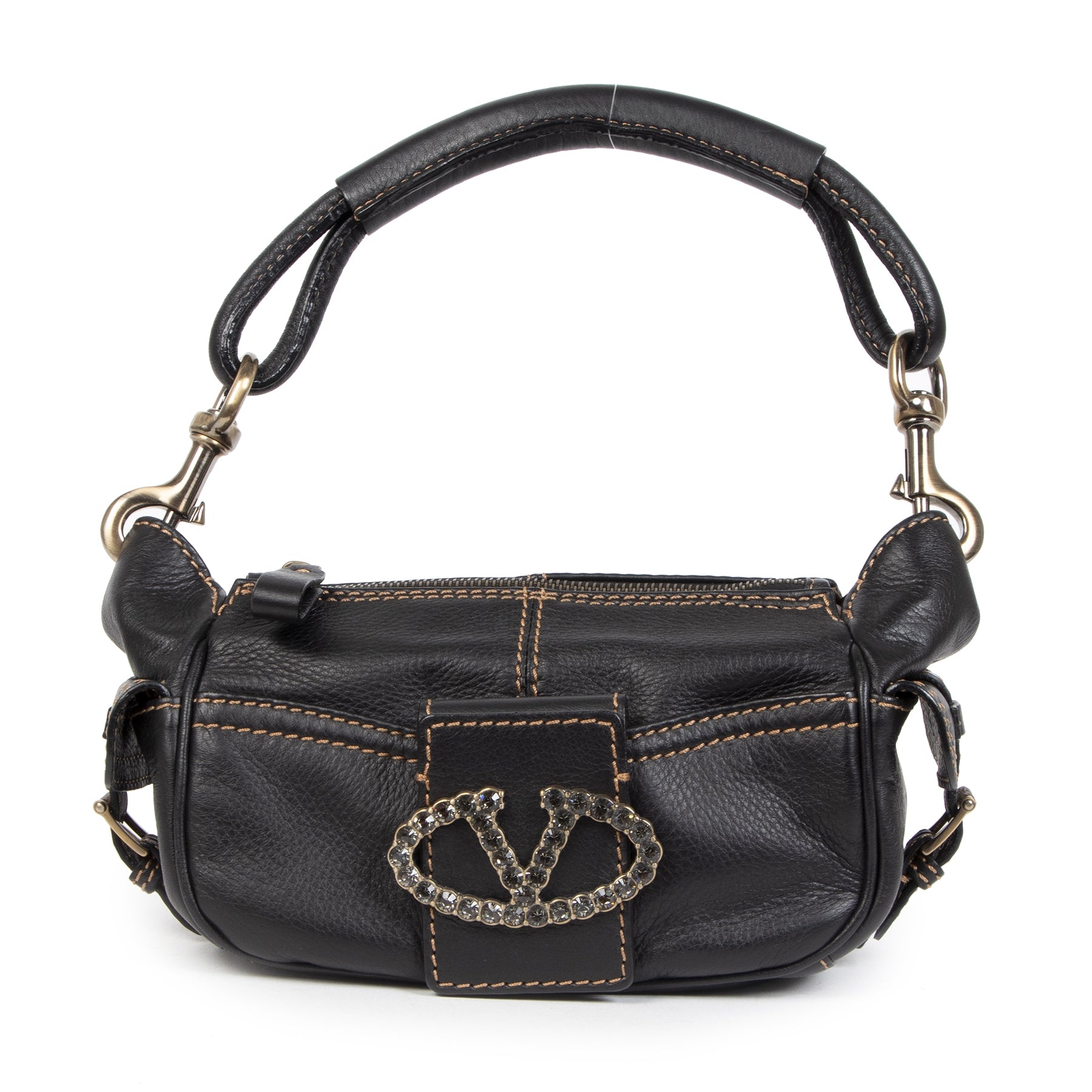 Authentic secondhand Valentino Brown Leather Shoulder Bag Crystal V Logo designer bags designer brands fashion luxury vintage webshop safe secure online shopping worldwide shipping