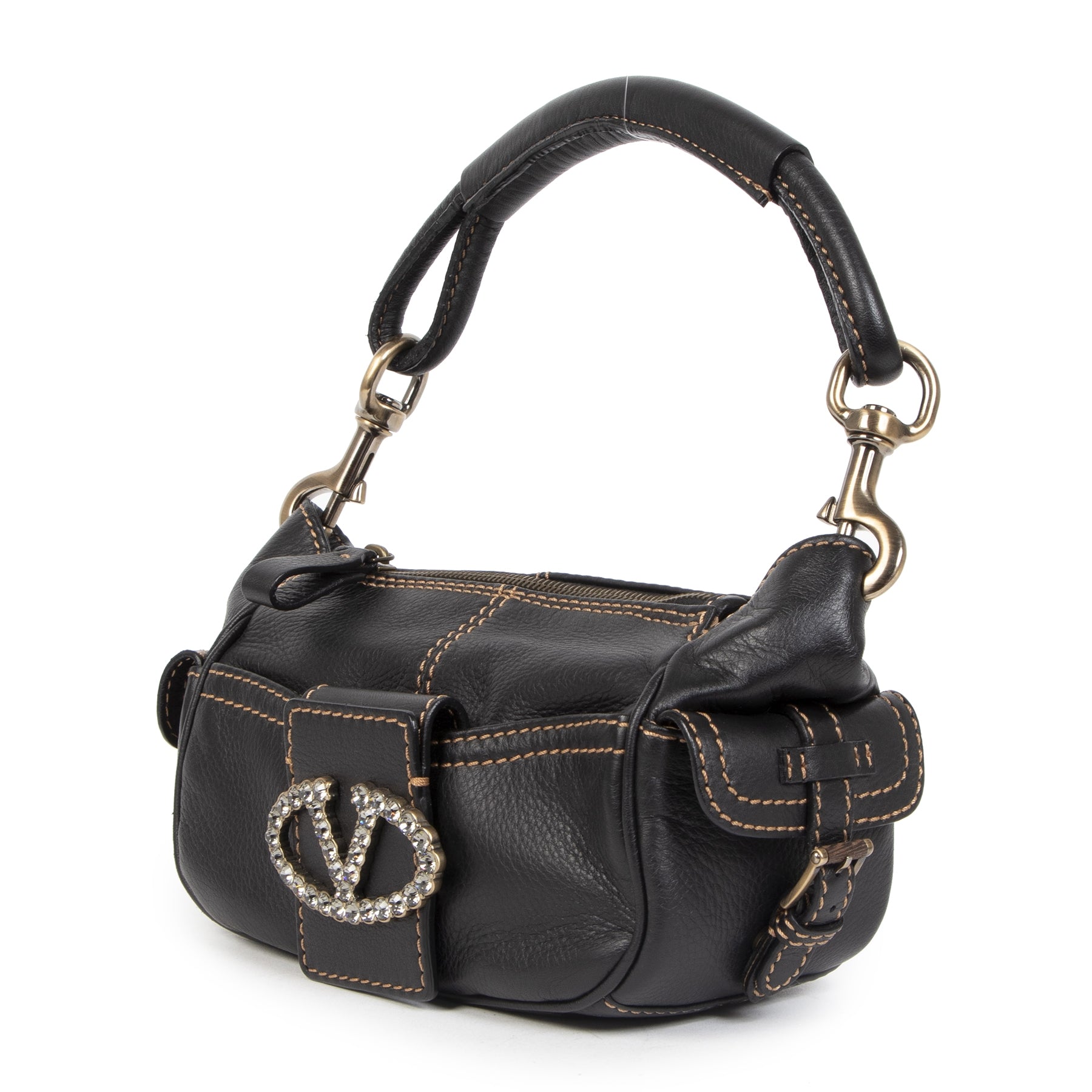 Authentic secondhand Valentino Brown Leather Shoulder Bag Crystal V Logo designer bags designer brands fashion luxury vintage webshop safe secure online shopping worldwide shipping