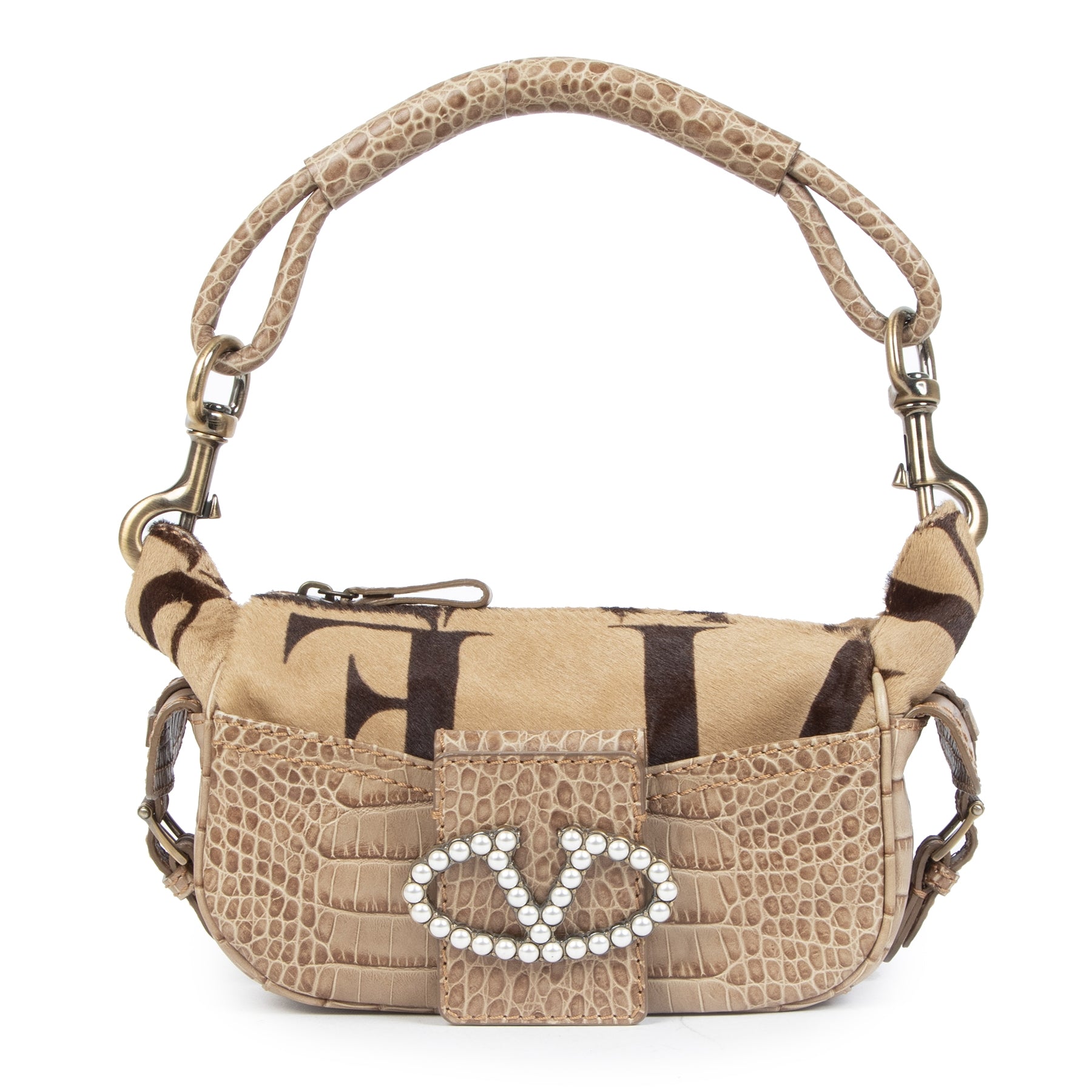 Authentic secondhand Valentino Camel Pony Hair Croco Embossed Bag designer bags designer brands luxury vintage webshop fashion safe secure online shopping worldwide shipping