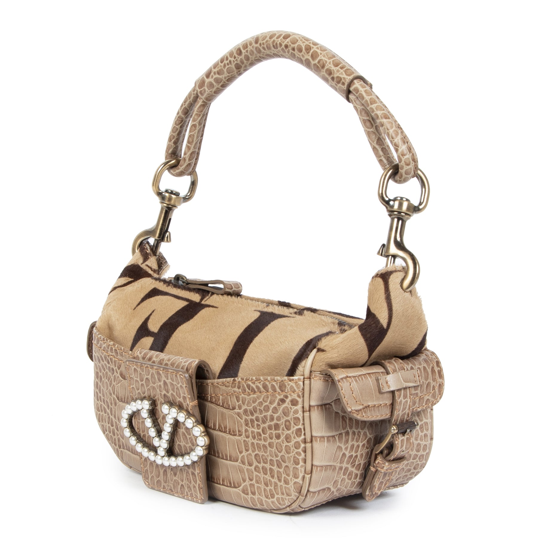 Authentic secondhand Valentino Camel Pony Hair Croco Embossed Bag designer bags designer brands luxury vintage webshop fashion safe secure online shopping worldwide shipping