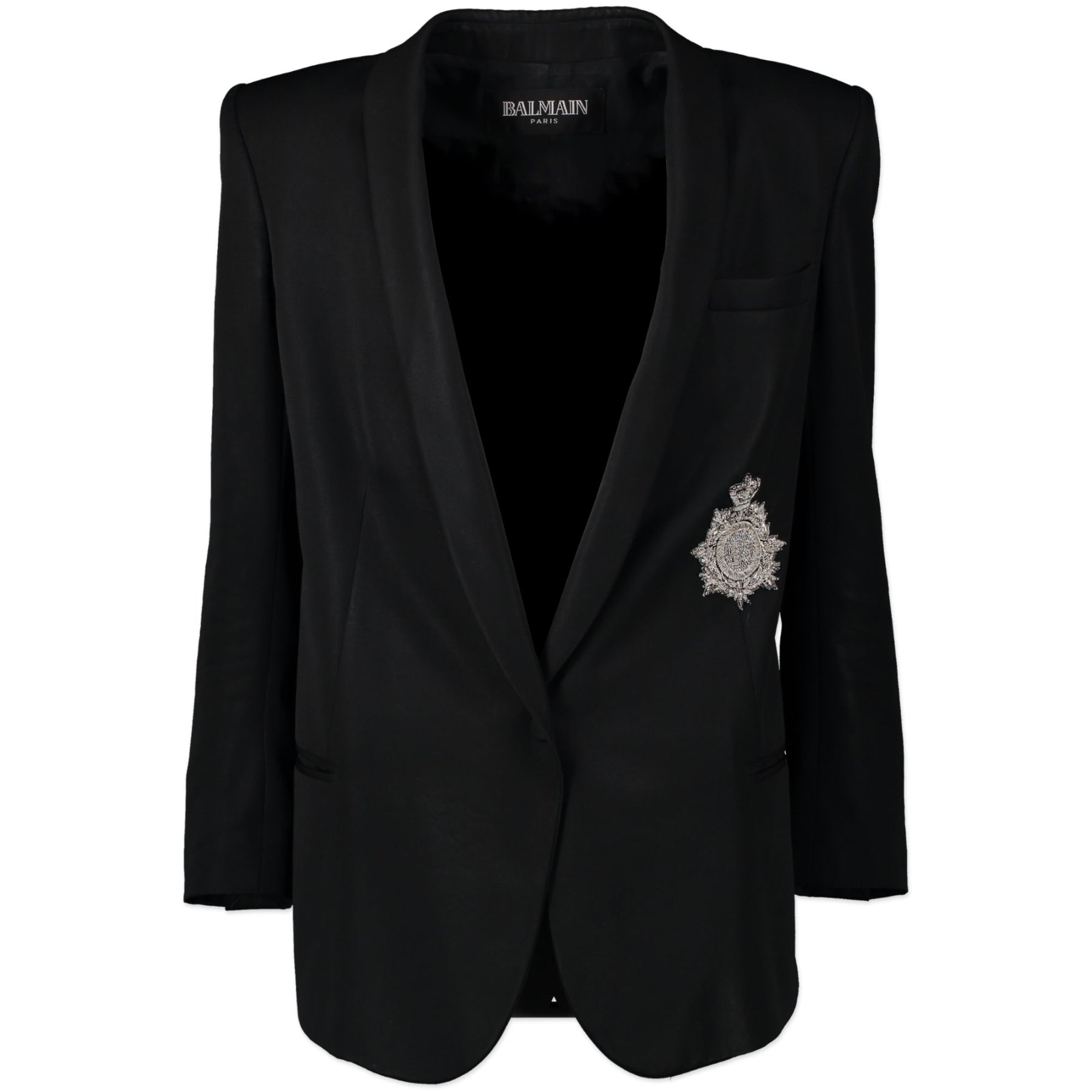 Authentieke Tweedehands Balmain Black Blazer with Silver Brooch - Size 38 juiste prijs veilig online shoppen luxe merken webshop winkelen Antwerpen België mode fashion