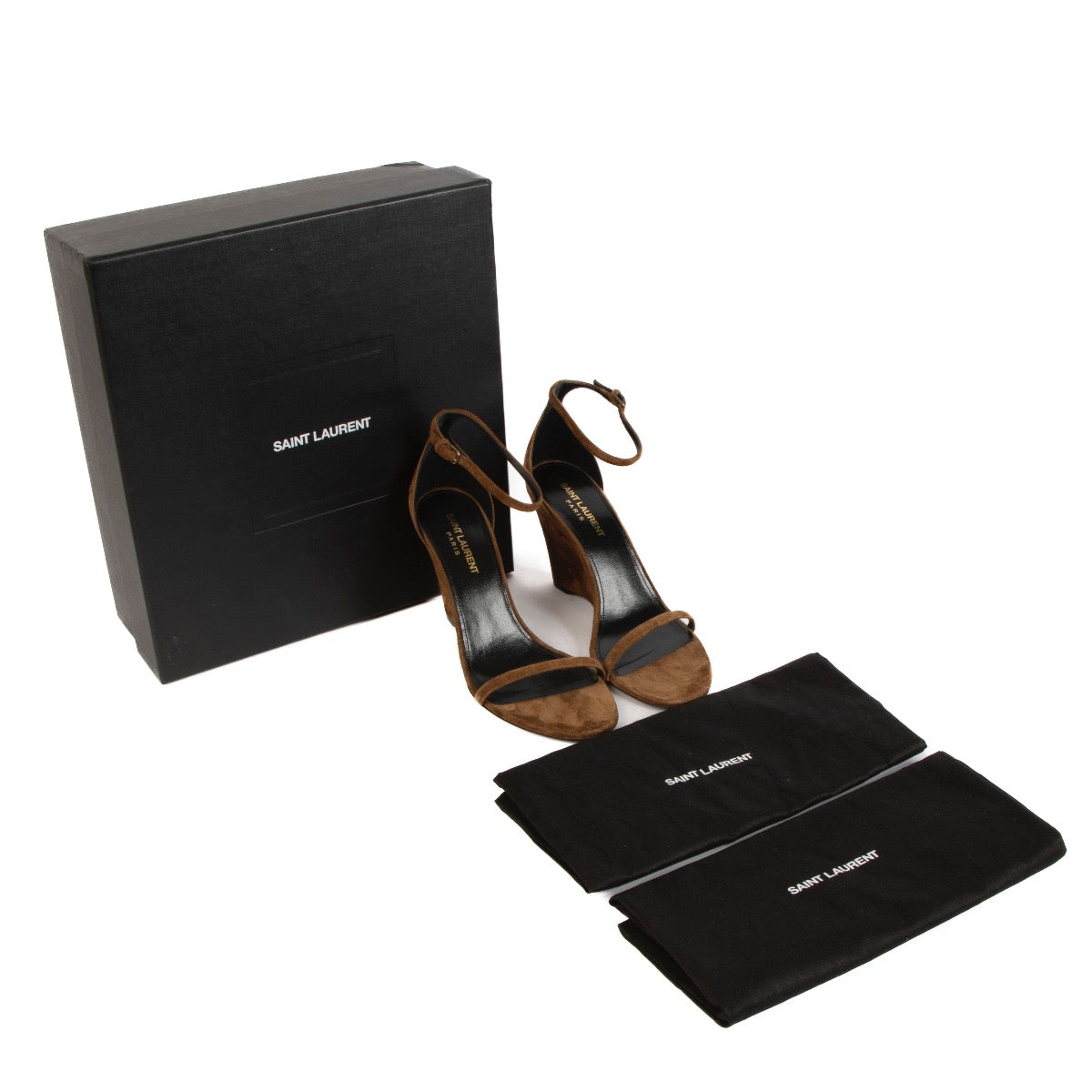 shop 100% authentic second hand Saint Laurent Camel Suede Lila 85 Wedge Sandals - Size 38 1/2 on Labellov.com