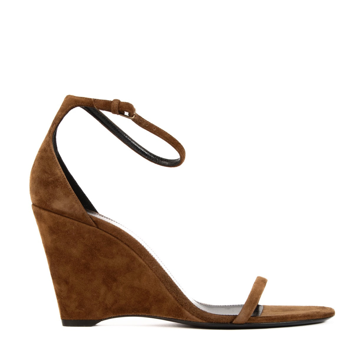 shop 100% authentic second hand Saint Laurent Camel Suede Lila 85 Wedge Sandals - Size 38 1/2 on Labellov.com