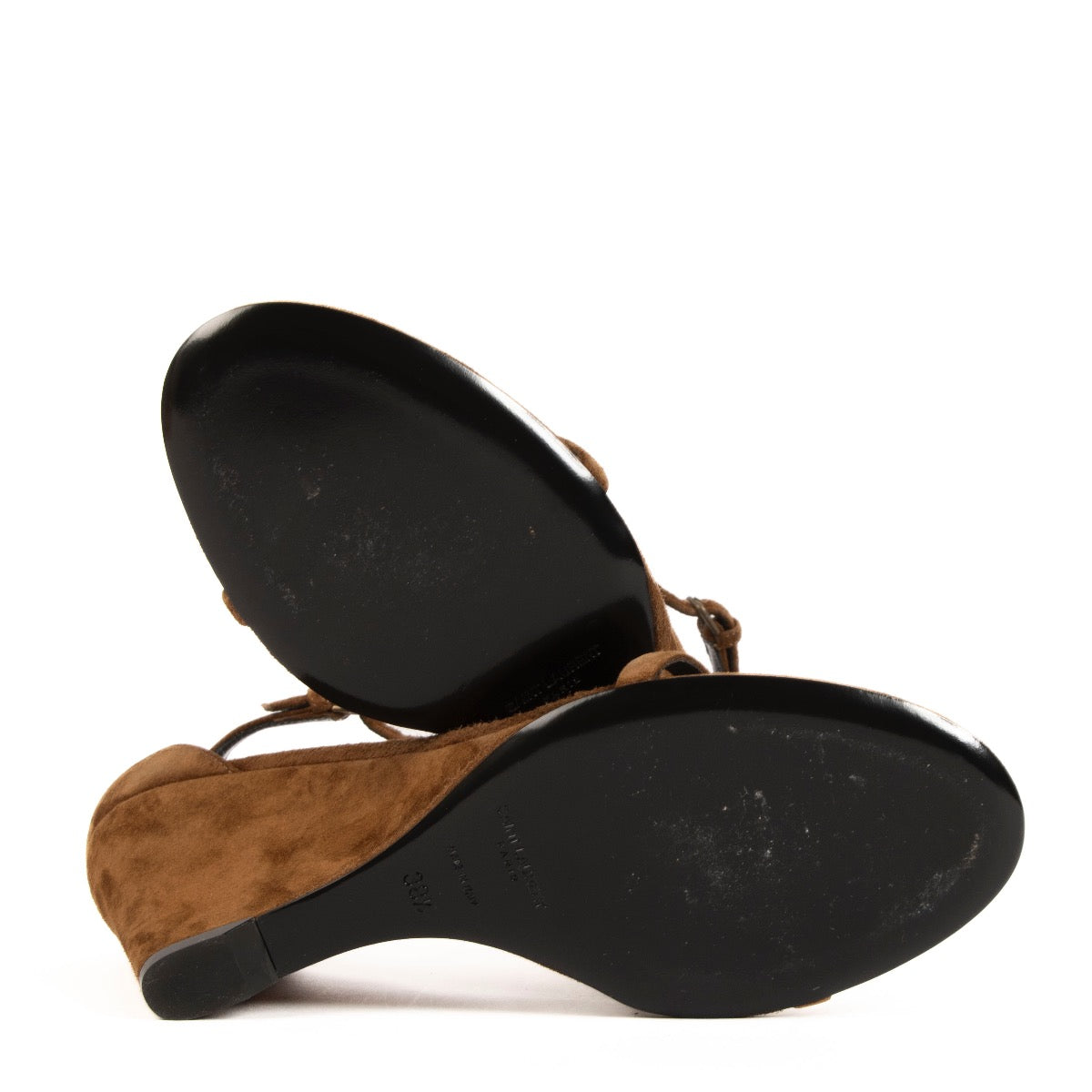 shop 100% authentic second hand Saint Laurent Camel Suede Lila 85 Wedge Sandals - Size 38 1/2 on Labellov.com