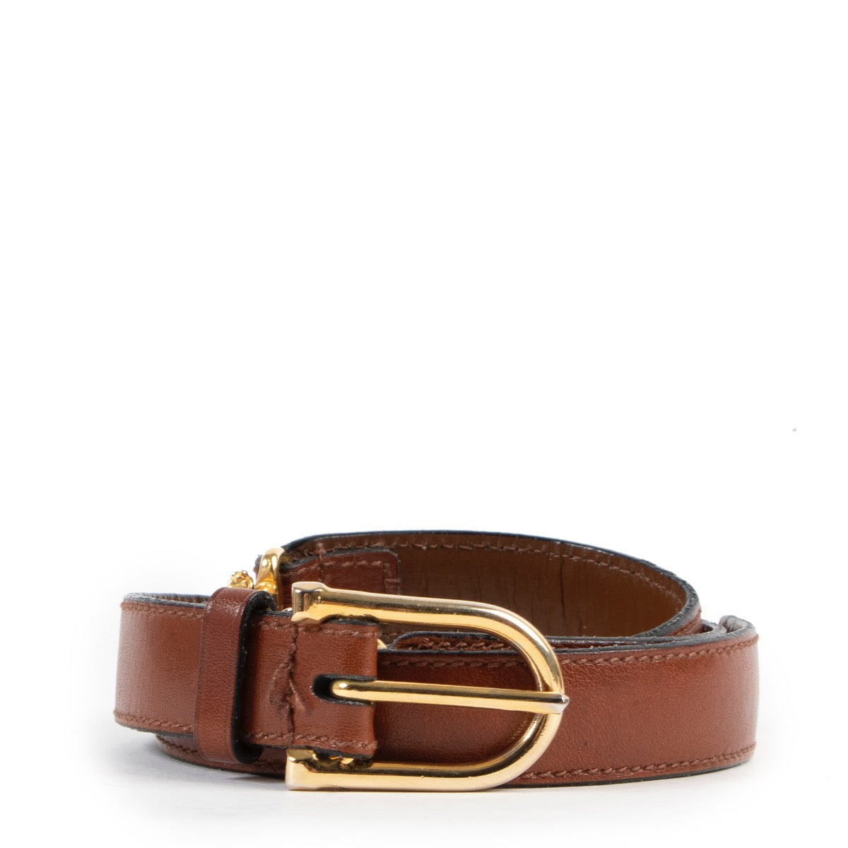 Buy an authentic second hand Celine Tan Gold Gold Buckle Belt Size 70 at Labellov
