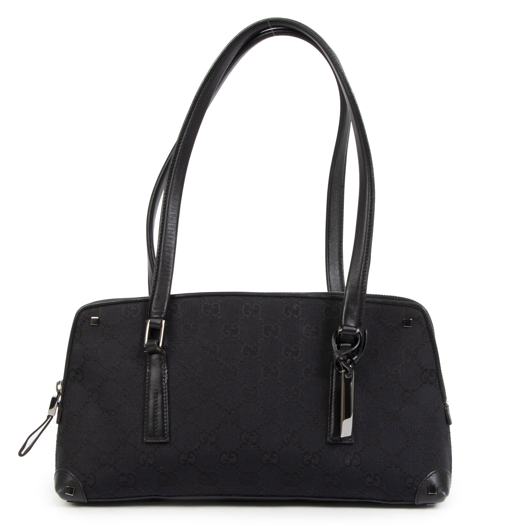 Authentic secondhand Gucci Black GG Monogram Canvas Shoulder Bag designer bags accessories shoes clothing luxury vintage webshop safe secure online shopping worldwide shipping