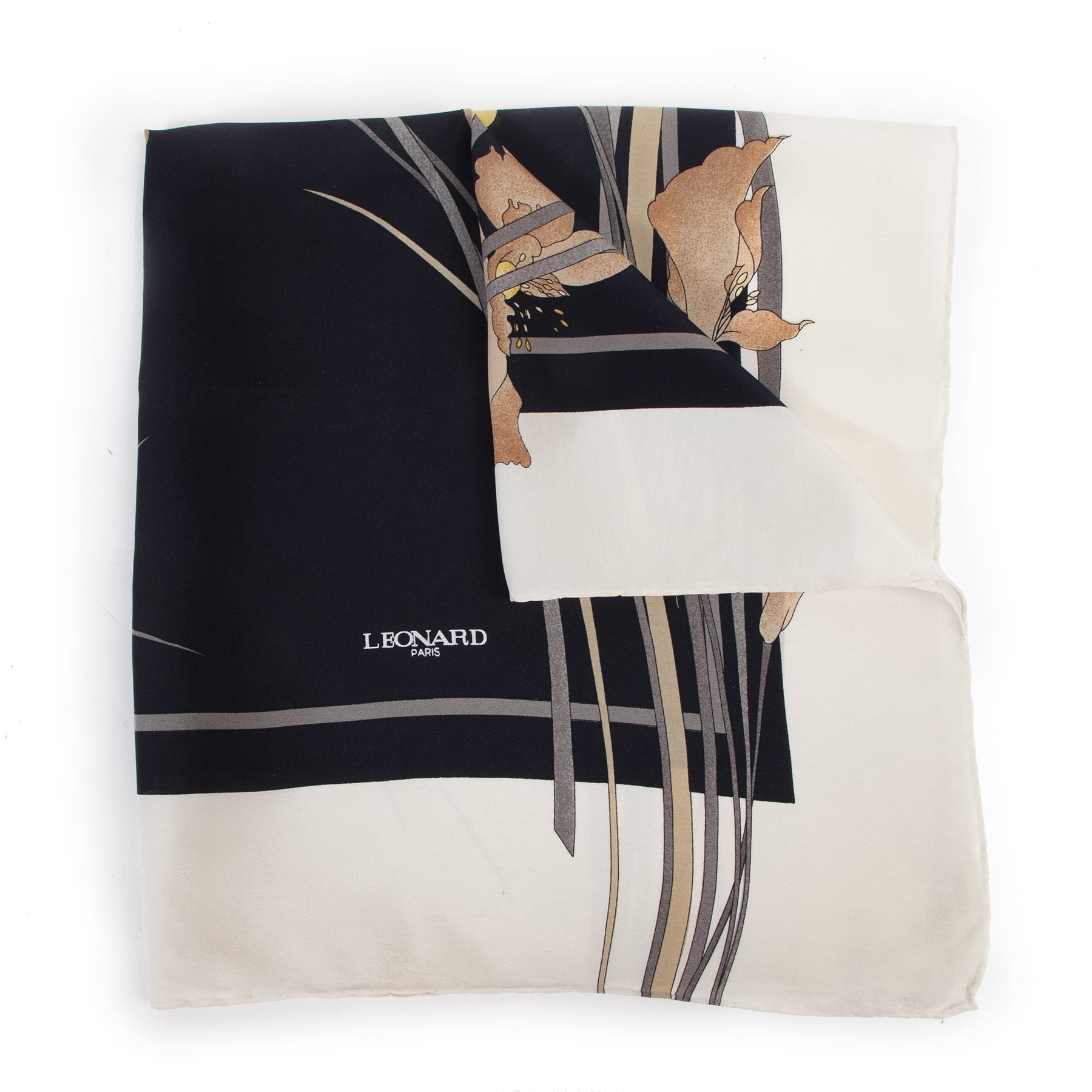 Leonard Black/ Beige Floral Printed Silk Scarf
