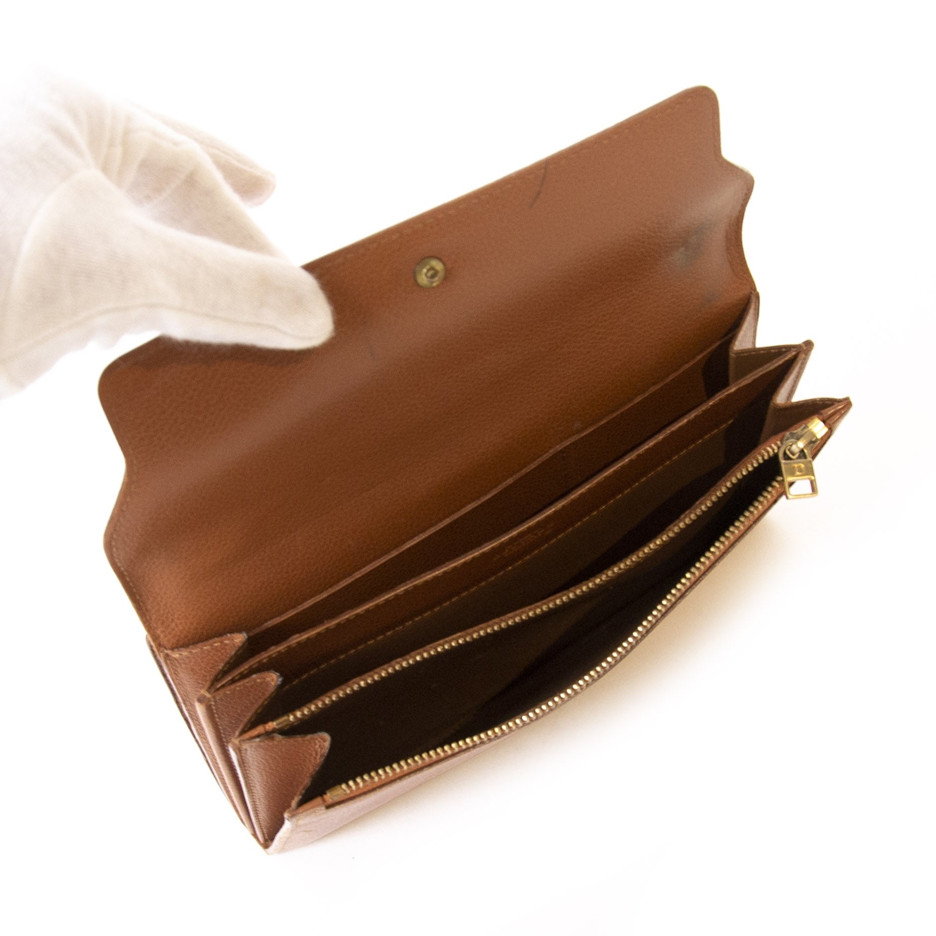 Authentique seconde main vintage Delvaux Camel Lingot Wallet achète en ligne webshop LabelLOV