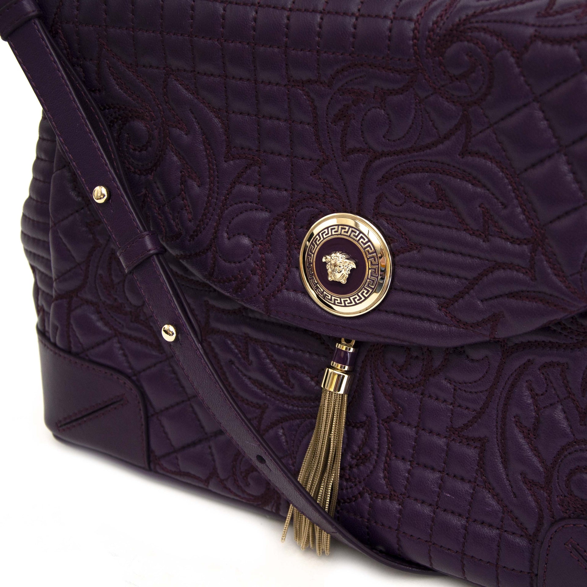 Versace Purple Embroidered Leather Flap Bag