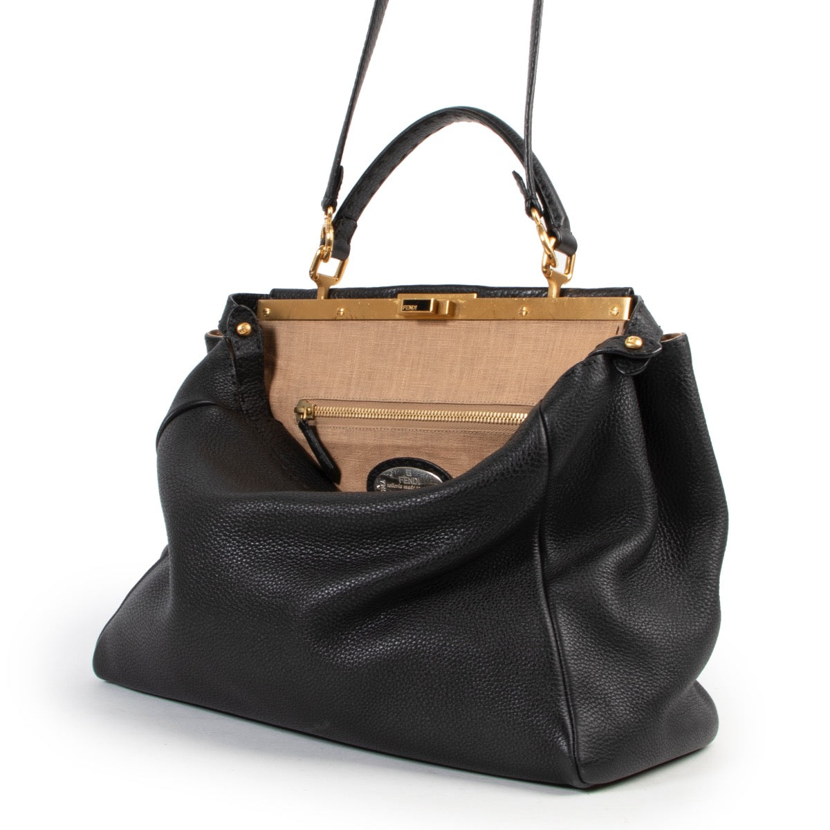 Shop safe online 100% authentic Fendi Black Selleria Leather Large Peekaboo Shoulder Bag in very good condition at the right price at Labellov in Antwerp.