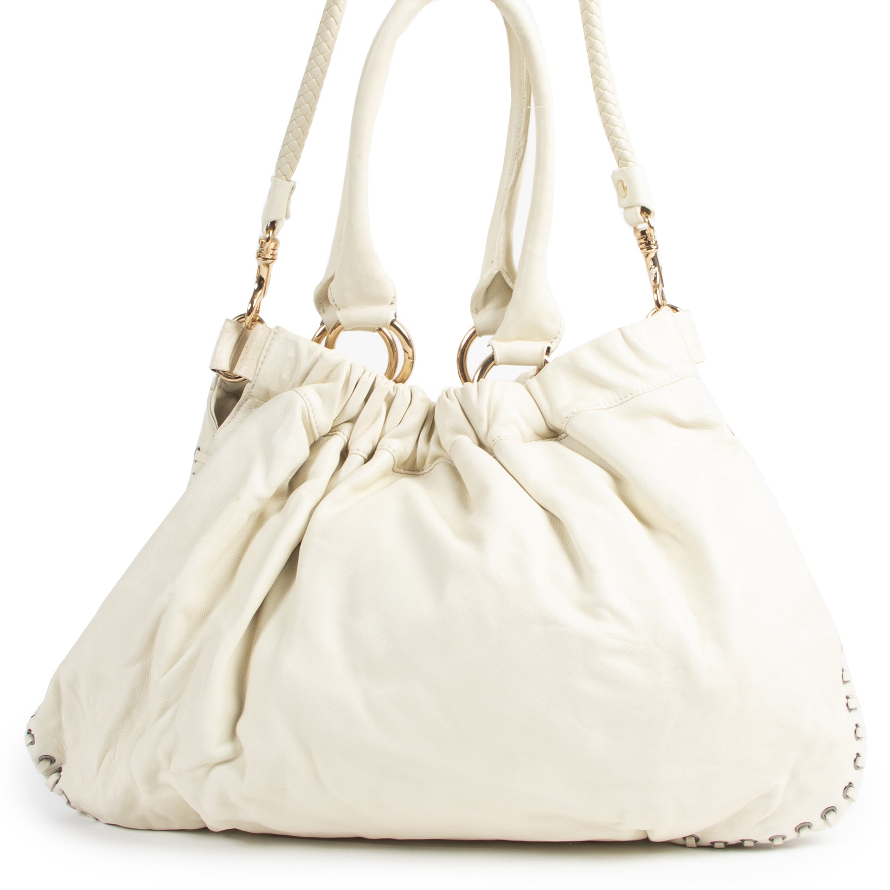 Authentieke Tweedehands Miu Miu White Studded Leather Shoulder Bag juiste prijs veilig online shoppen luxe merken webshop winkelen Antwerpen België mode fashion
