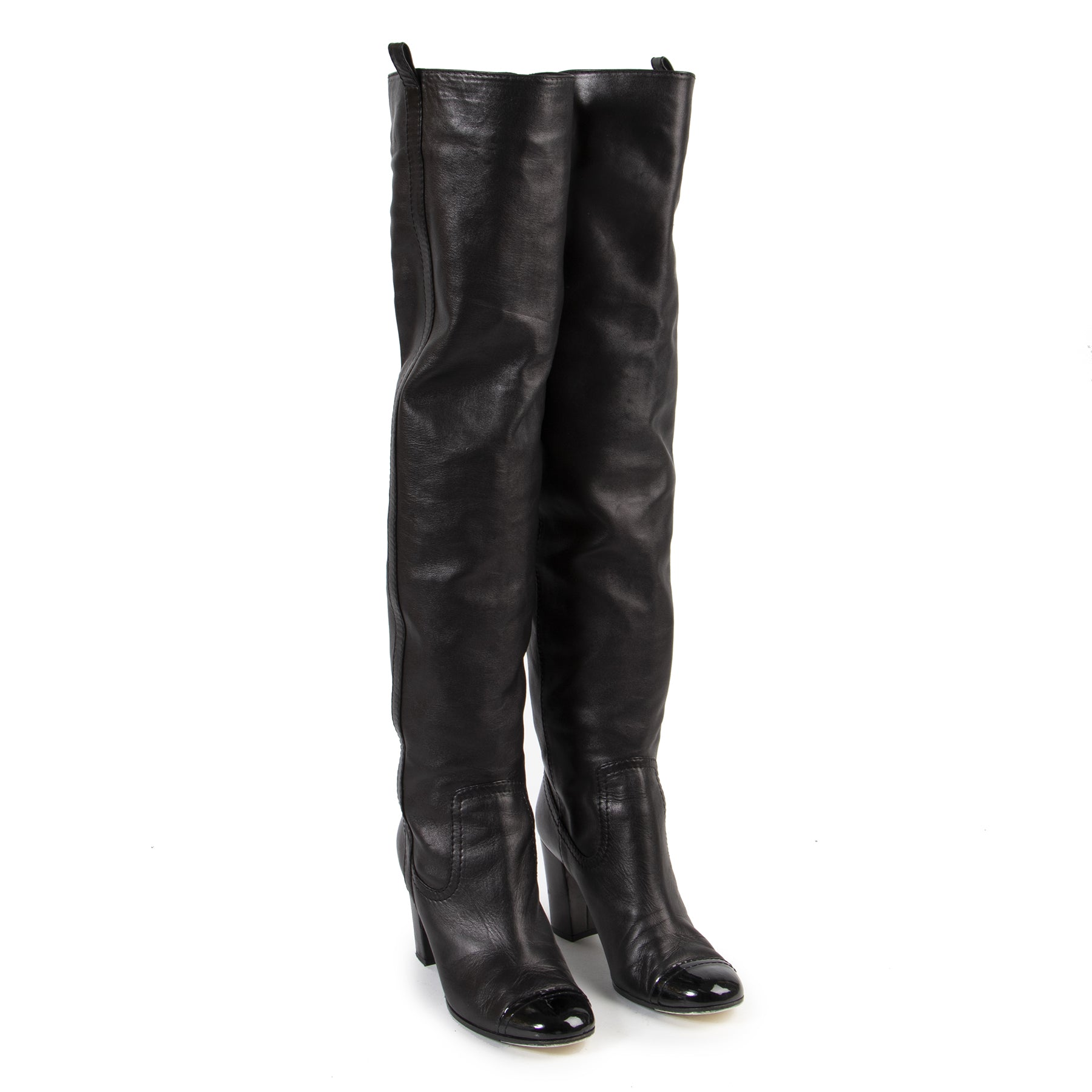 Authentic secondhand Chanel Black Leather Cap Toe Knee Boots - Size 40 designer shoes fashion luxury vintage webshop safe secure online shopping