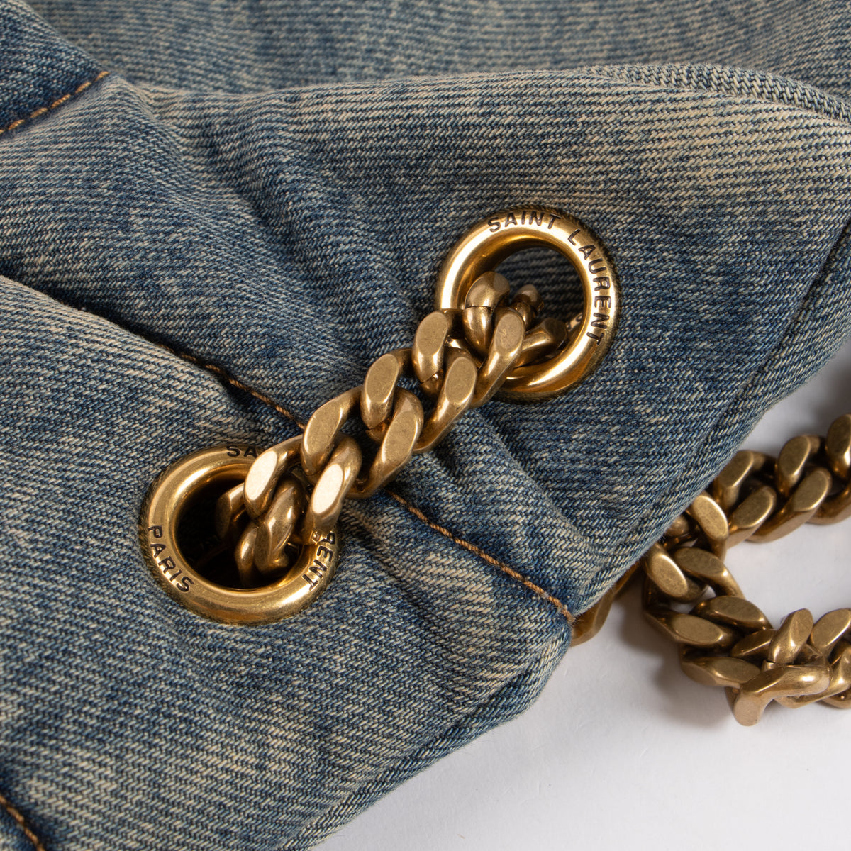 Shop the authentic Saint Laurent Quilted Denim Medium Puffer Bag on Labellov.com