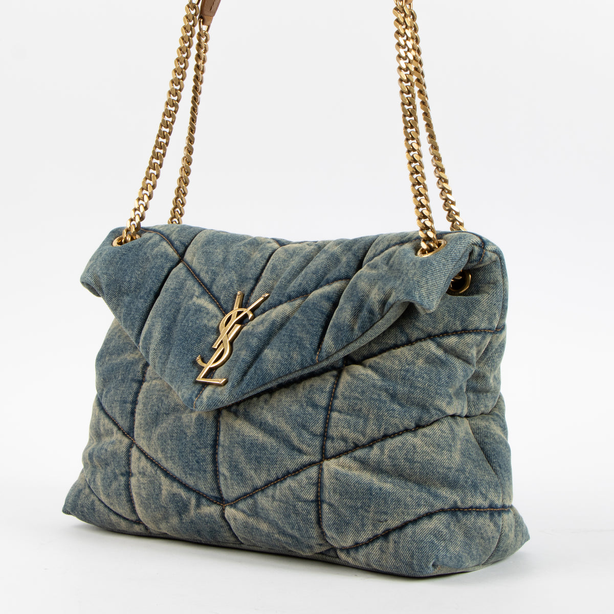Shop the authentic Saint Laurent Quilted Denim Medium Puffer Bag on Labellov.com