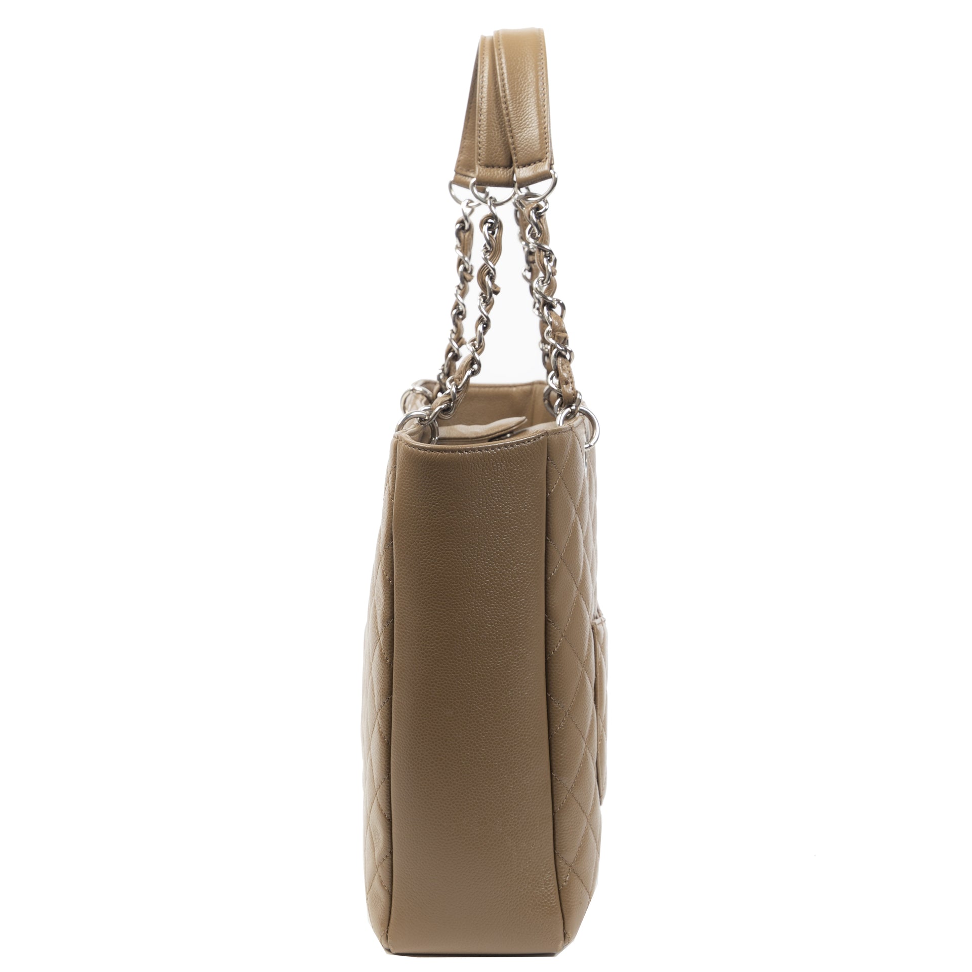 Authentieke Tweedehands Chanel Taupe Quilted Leather Grand Shopper Tote juiste prijs veilig online shoppen luxe merken webshop winkelen Antwerpen België mode fashion