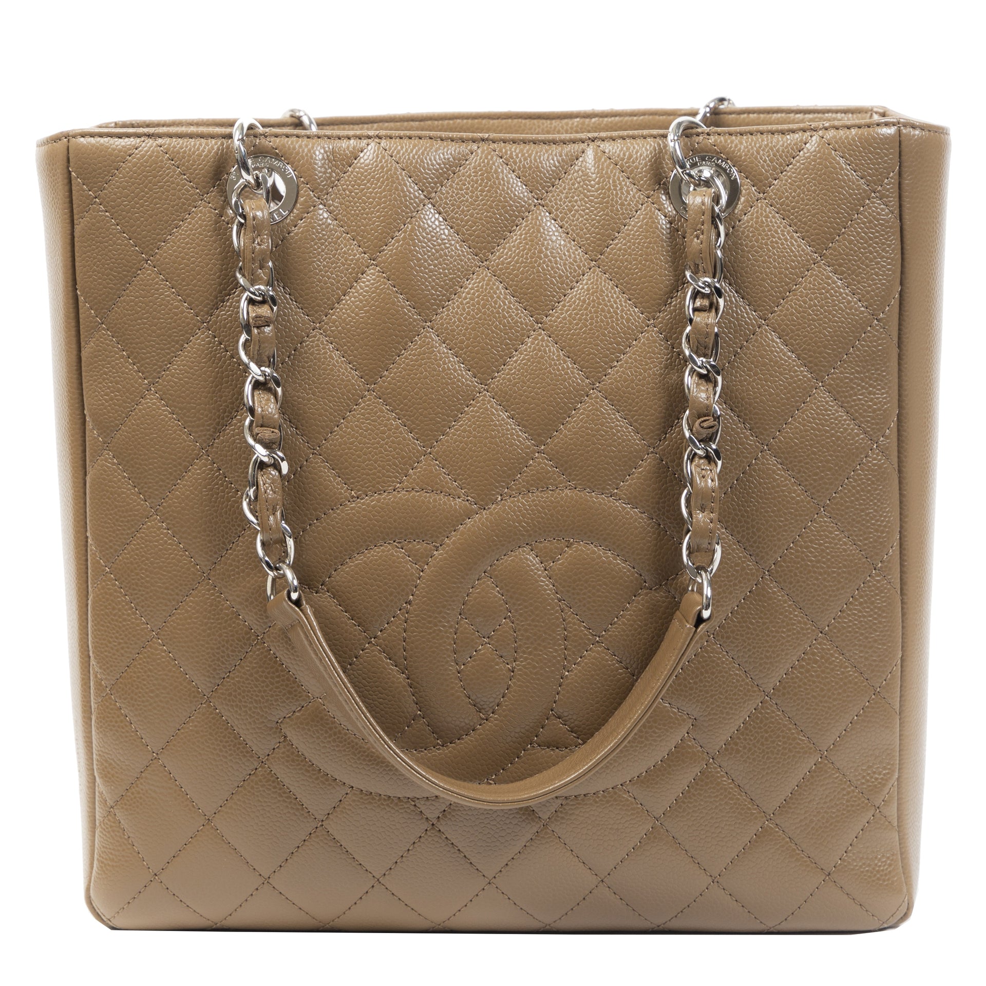 Authentieke Tweedehands Chanel Taupe Quilted Leather Grand Shopper Tote juiste prijs veilig online shoppen luxe merken webshop winkelen Antwerpen België mode fashion