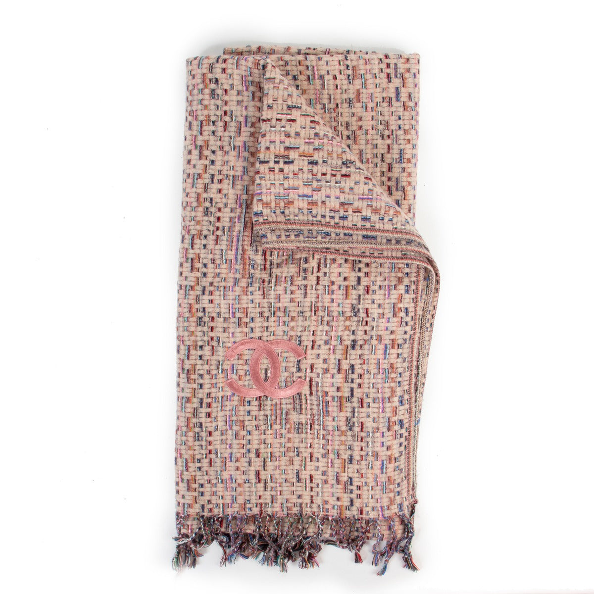Chanel Cashmere Multicolor Pink Tweed Scarf